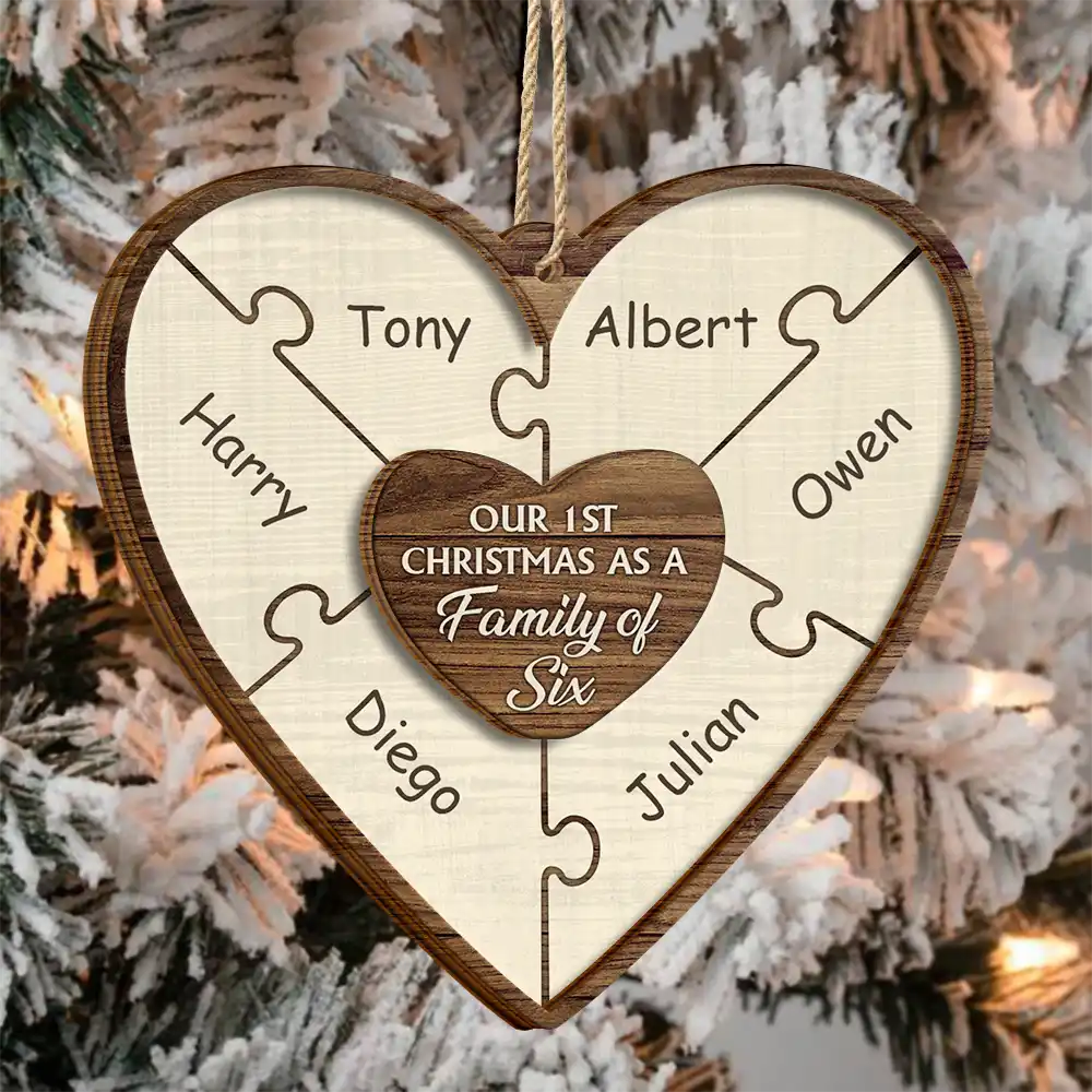 Our First Christmas As A Family Of Three Puzzle - Personalized 2-Layered Wooden Ornament - Image 3