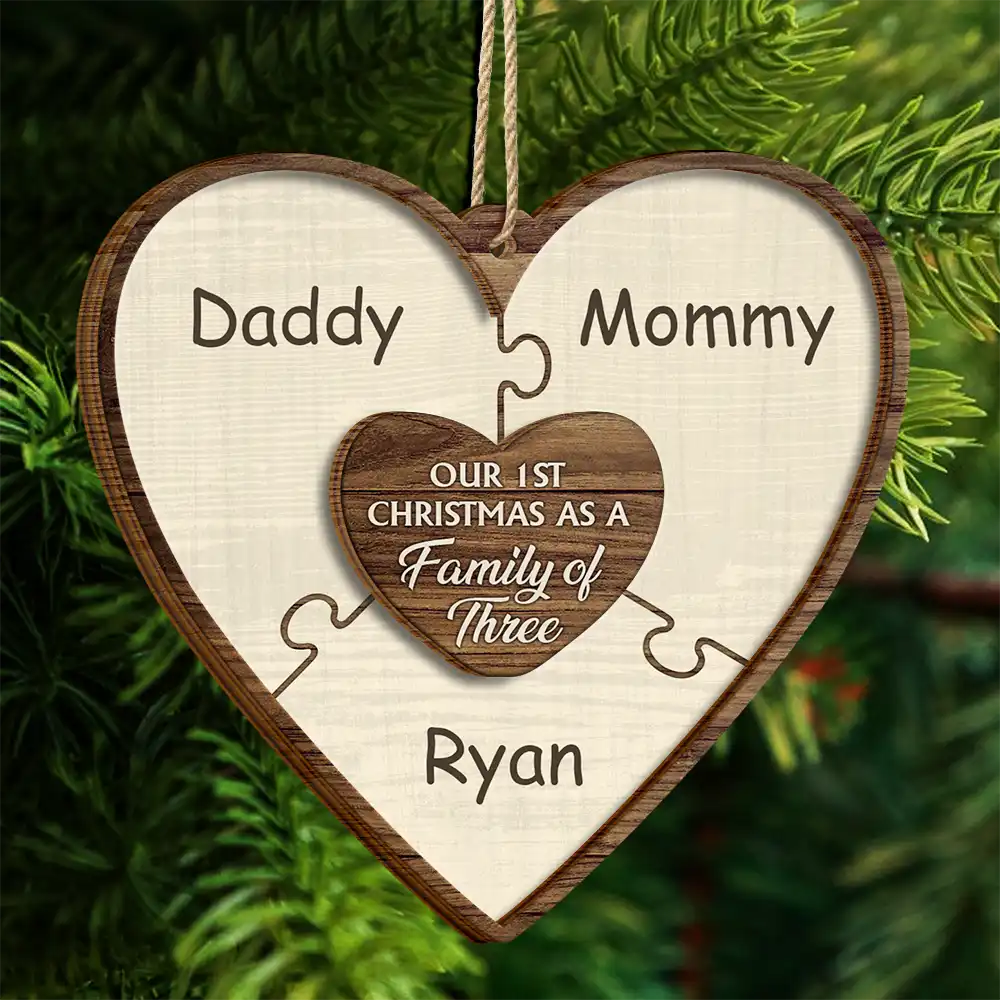 Our First Christmas As A Family Of Three Puzzle - Personalized 2-Layered Wooden Ornament - Image 4
