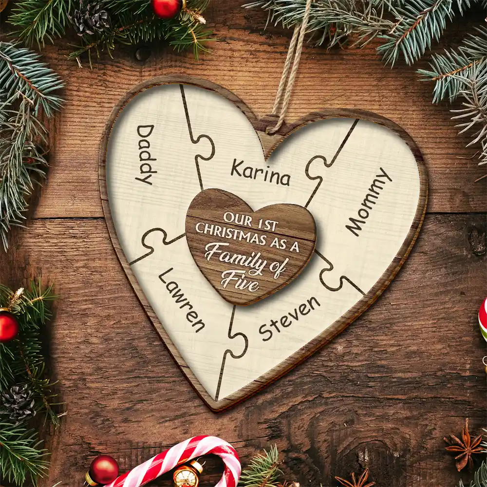 Our First Christmas As A Family Of Three Puzzle - Personalized 2-Layered Wooden Ornament - Image 5