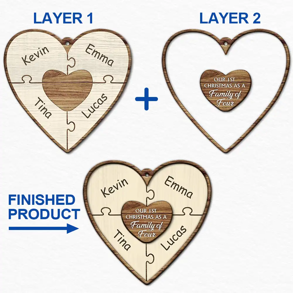 Our First Christmas As A Family Of Three Puzzle - Personalized 2-Layered Wooden Ornament - Image 6