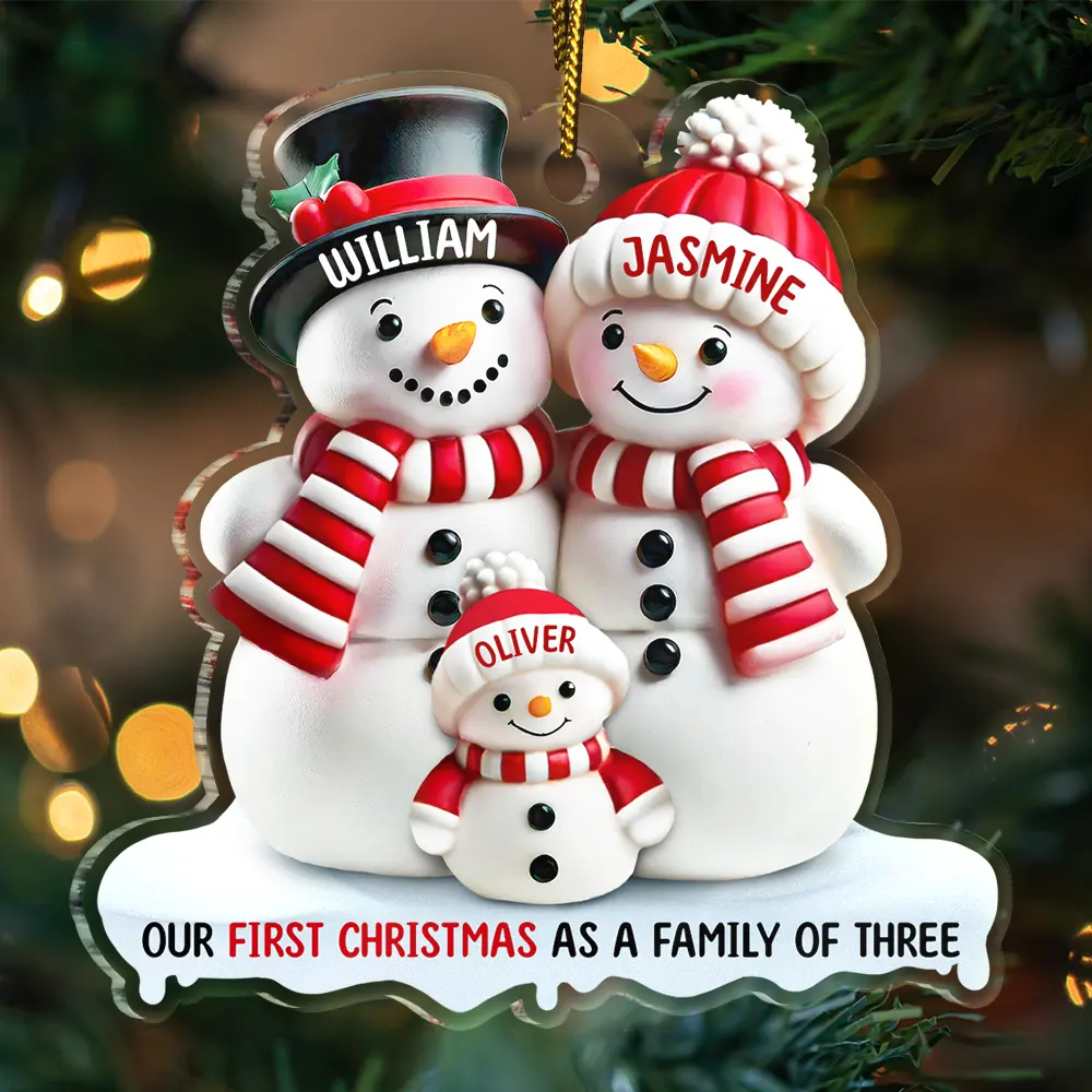 Our First Christmas As A Family Of Three Snow Family 3D Effect - Personalized Custom Shaped Acrylic Ornament - Image 3