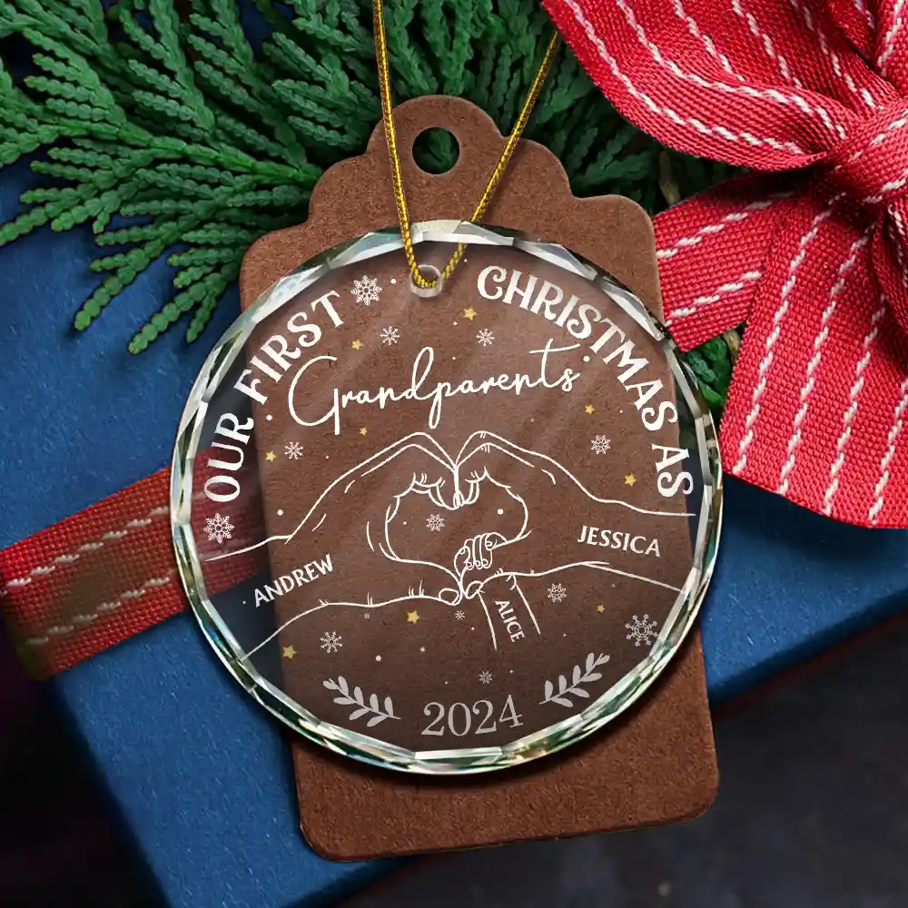 Our First Christmas As Grandparents - Personalized Circle Glass Ornament - Image 5