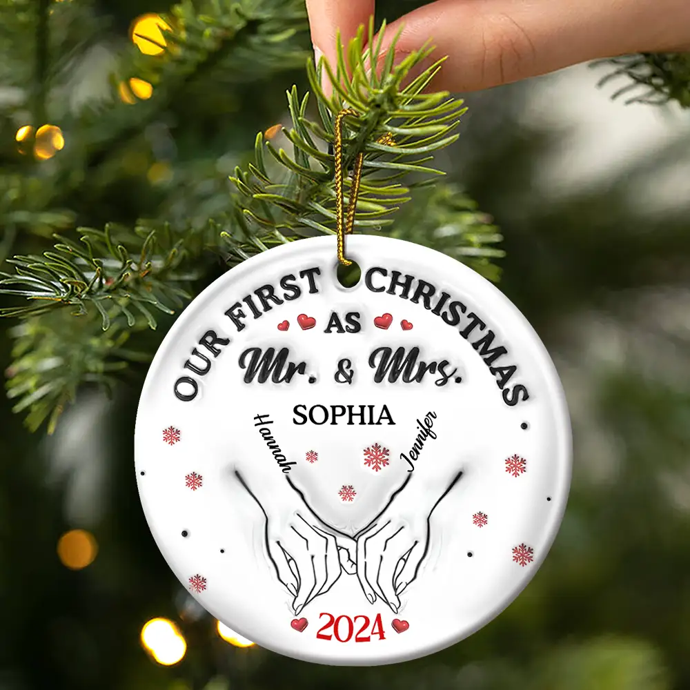 Our First Christmas As Husband And Wife - 3D Inflated Effect Printed Ornament, Personalized Circle Ceramic Ornament - Image 3