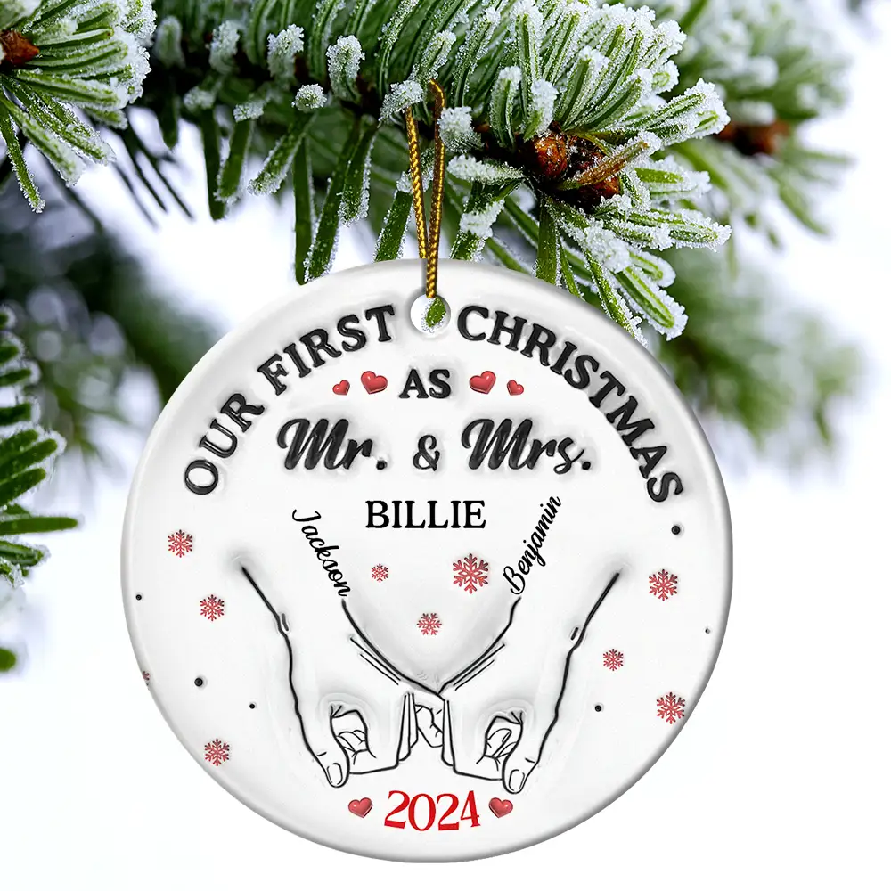 Our First Christmas As Husband And Wife - 3D Inflated Effect Printed Ornament, Personalized Circle Ceramic Ornament - Image 4
