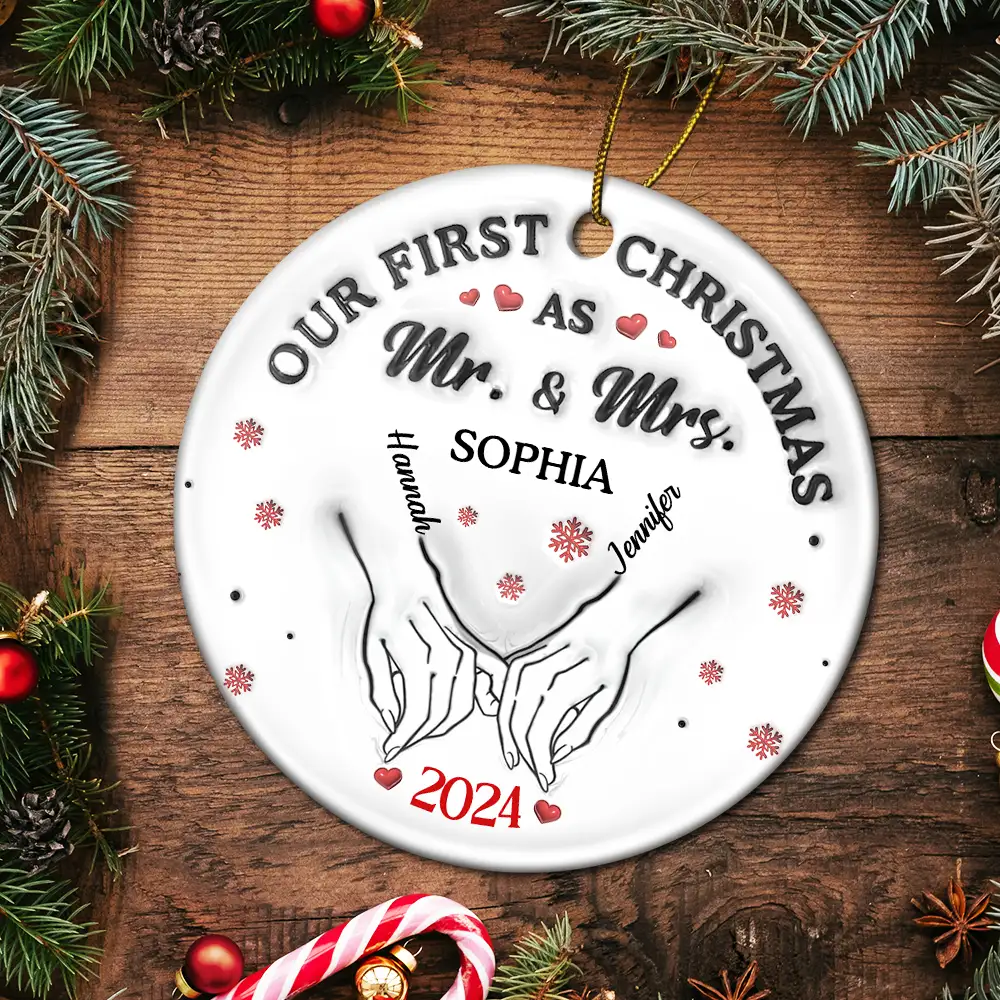 Our First Christmas As Husband And Wife - 3D Inflated Effect Printed Ornament, Personalized Circle Ceramic Ornament - Image 5