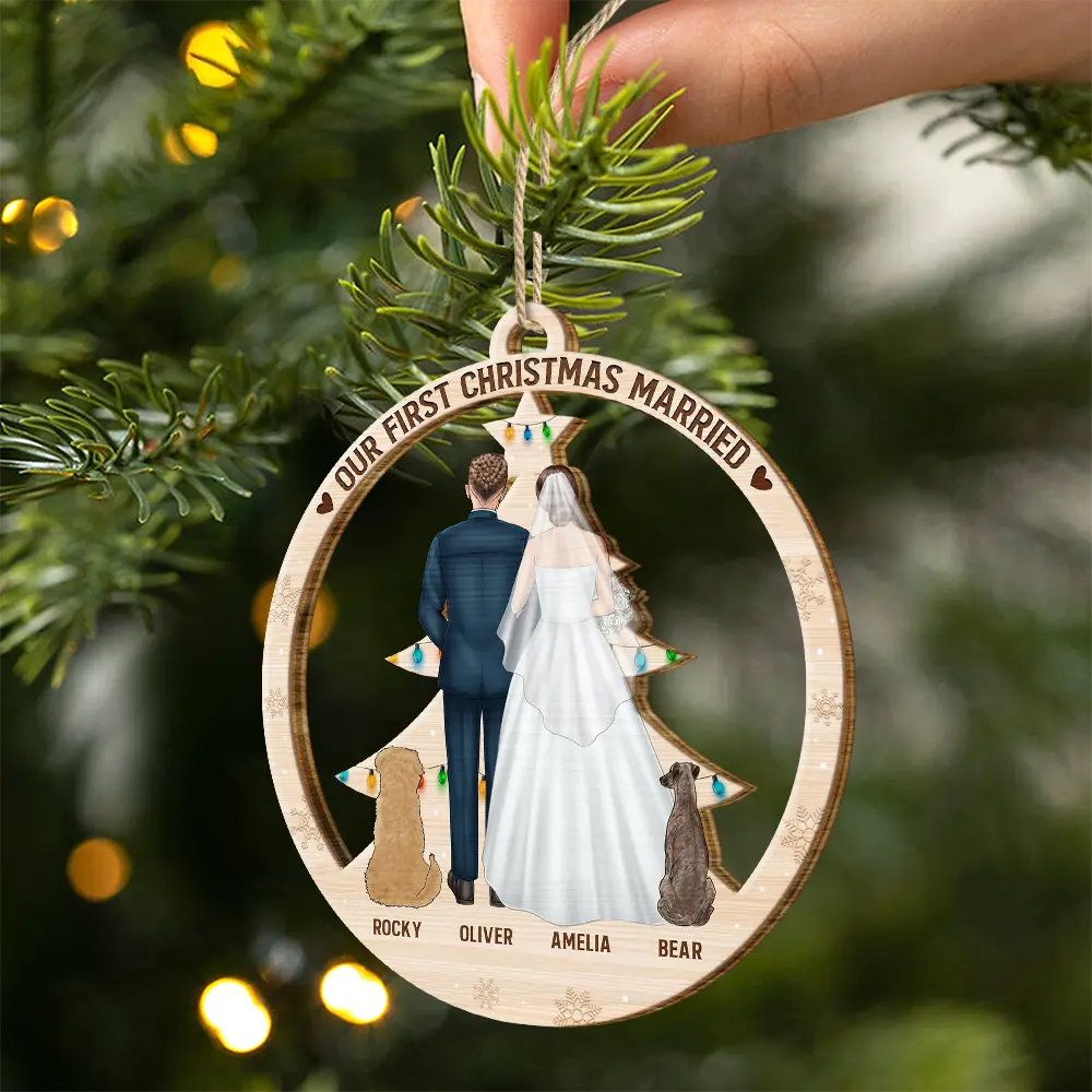 Our First Christmas As Mr & Mrs Wedding Couple And Pet - Personalized Custom Shaped Wooden Ornament - Image 2