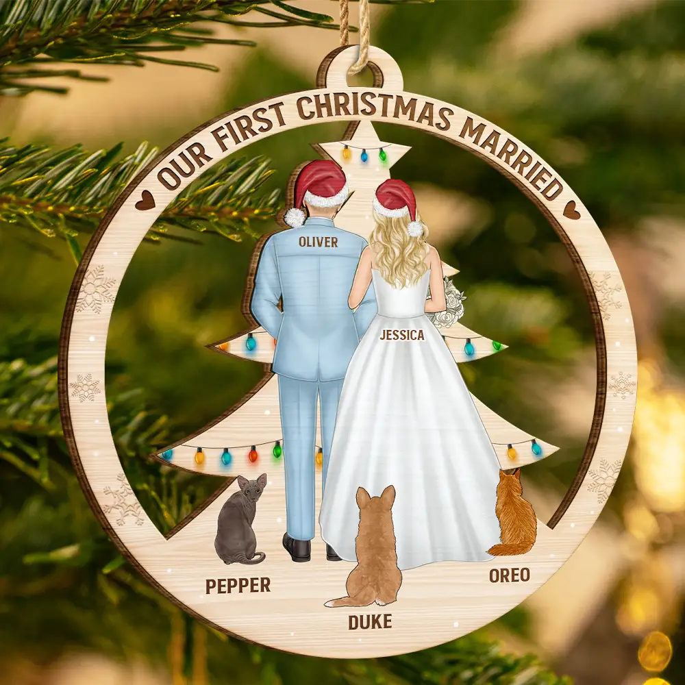 Our First Christmas As Mr & Mrs Wedding Couple And Pet - Personalized Custom Shaped Wooden Ornament - Image 3
