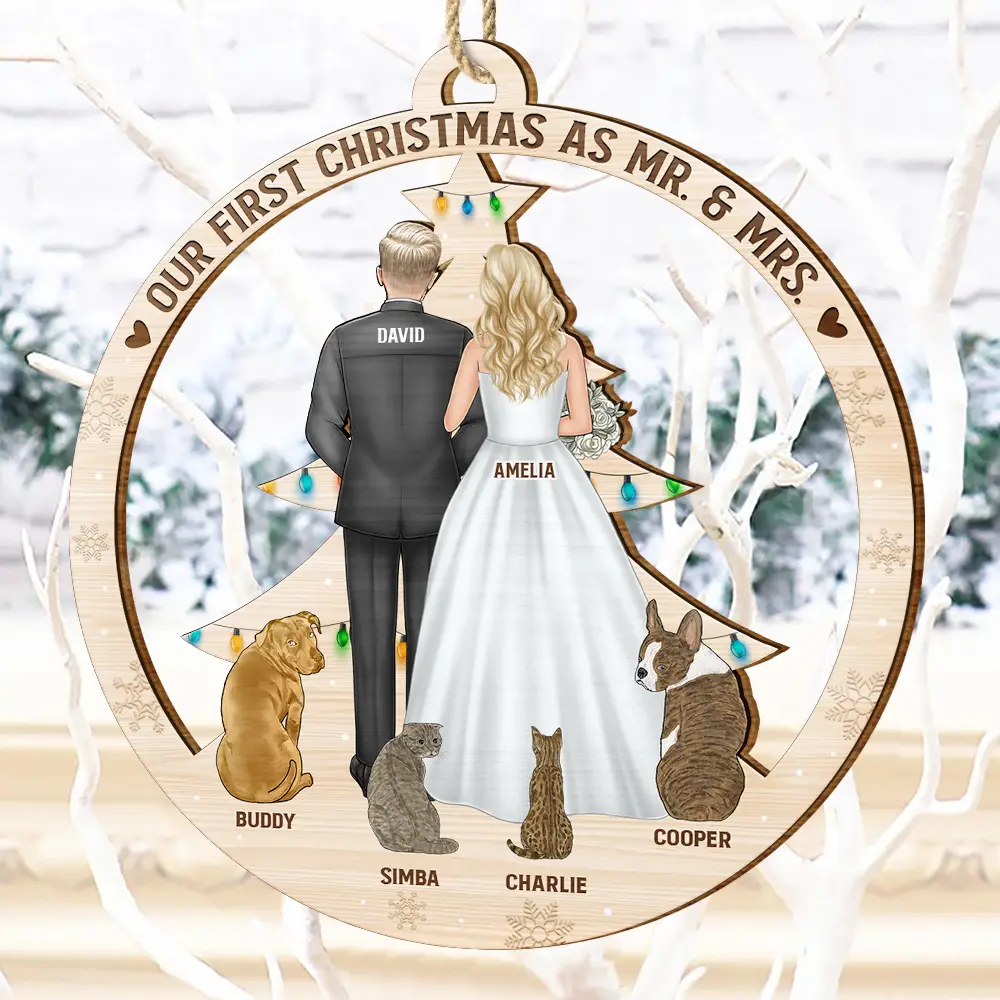Our First Christmas As Mr & Mrs Wedding Couple And Pet - Personalized Custom Shaped Wooden Ornament - Image 4