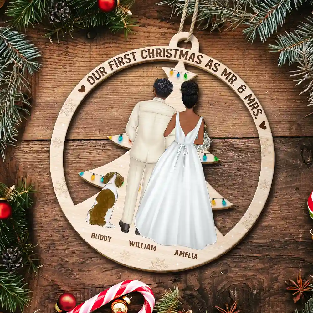 Our First Christmas As Mr & Mrs Wedding Couple And Pet - Personalized Custom Shaped Wooden Ornament - Image 5
