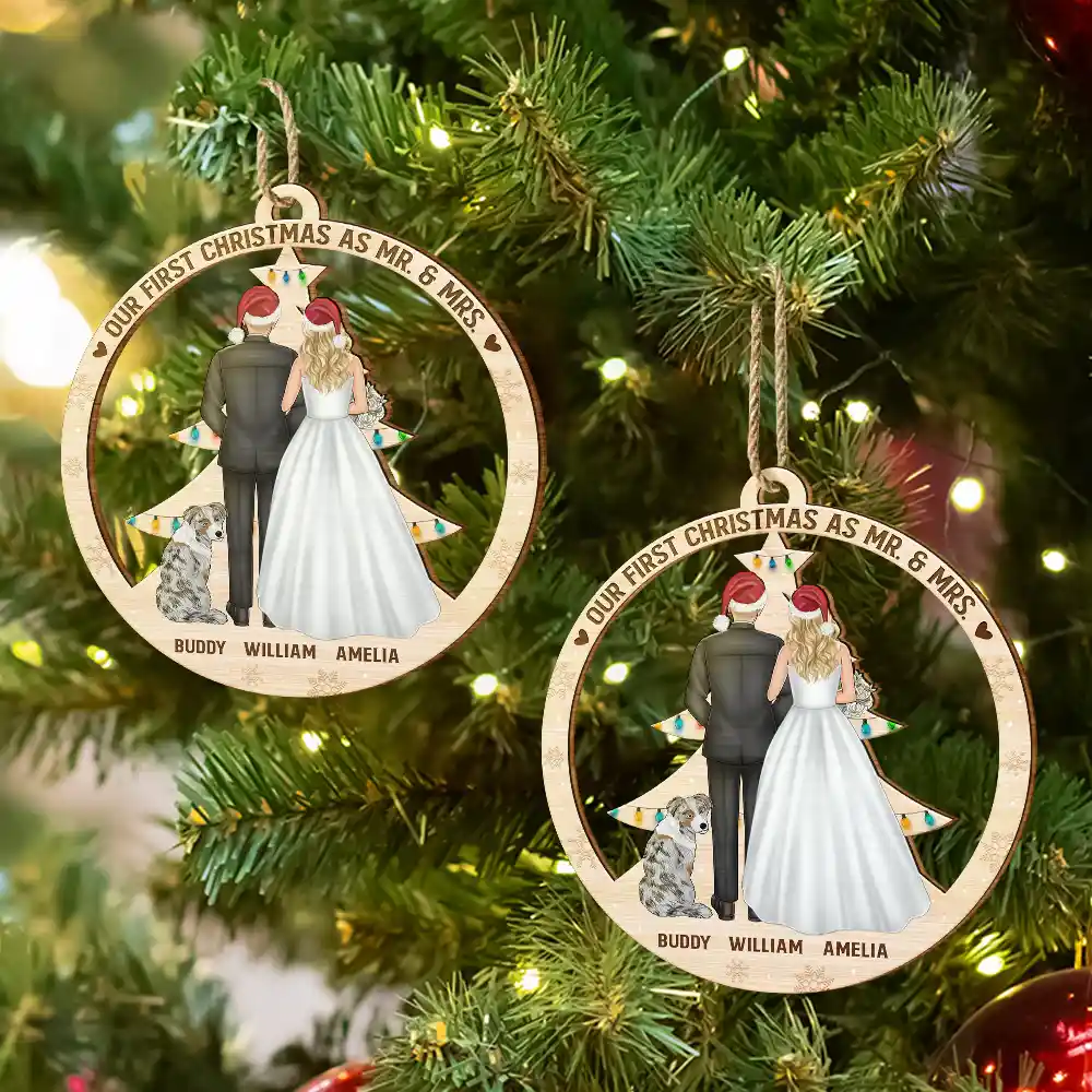 Our First Christmas As Mr & Mrs Wedding Couple And Pet - Personalized Custom Shaped Wooden Ornament - Image 6