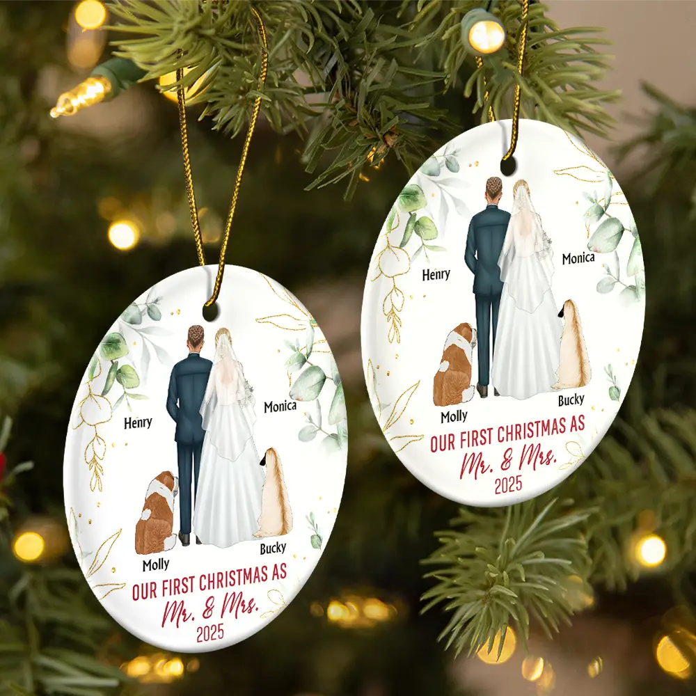 Our First Christmas As Mr & Mrs Wedding Couple Pet - Personalized Circle Ceramic Ornament - Image 2