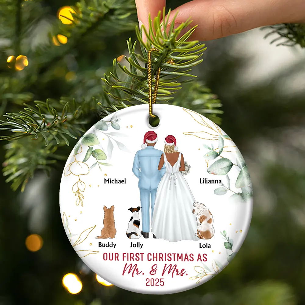 Our First Christmas As Mr & Mrs Wedding Couple Pet - Personalized Circle Ceramic Ornament - Image 3