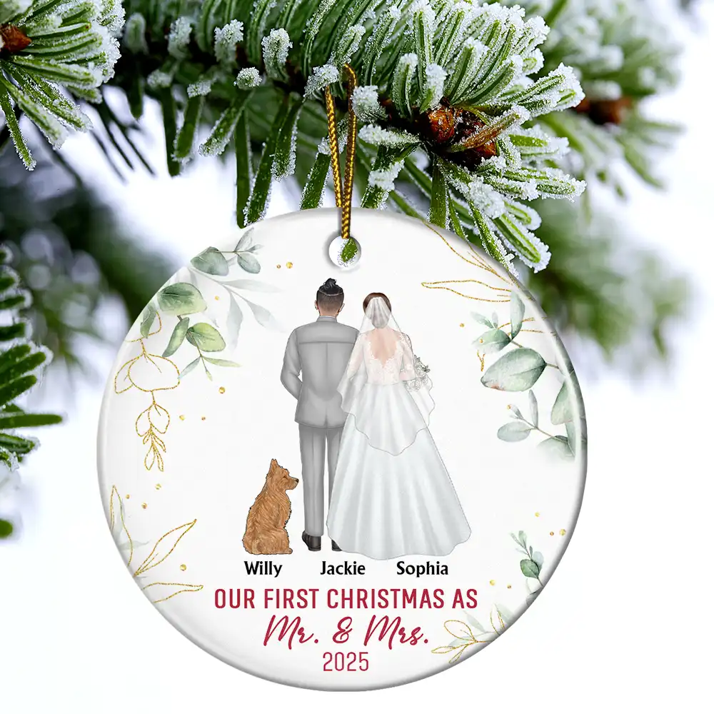 Our First Christmas As Mr & Mrs Wedding Couple Pet - Personalized Circle Ceramic Ornament - Image 4