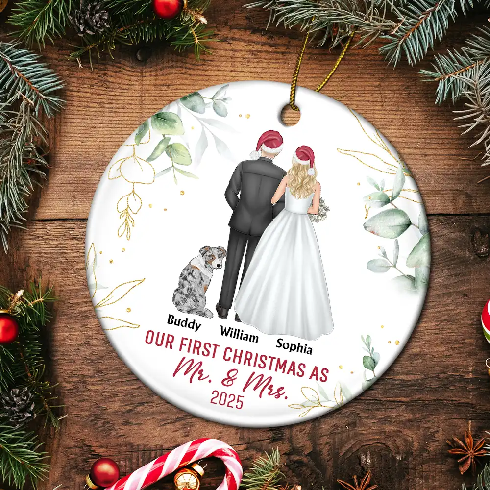Our First Christmas As Mr & Mrs Wedding Couple Pet - Personalized Circle Ceramic Ornament - Image 5