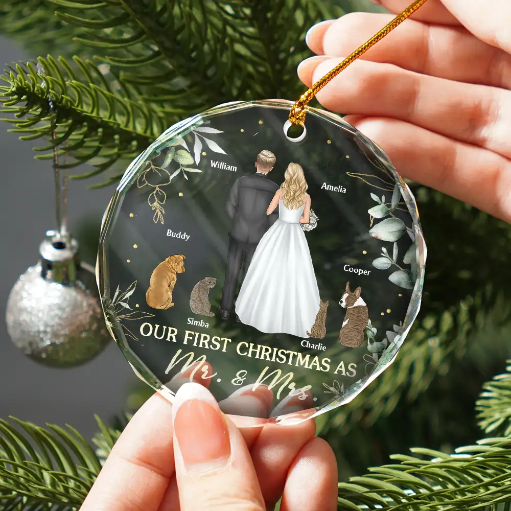 Our First Christmas As Mr & Mrs Wedding Couple Pet - Personalized Circle Glass Ornament - Image 2