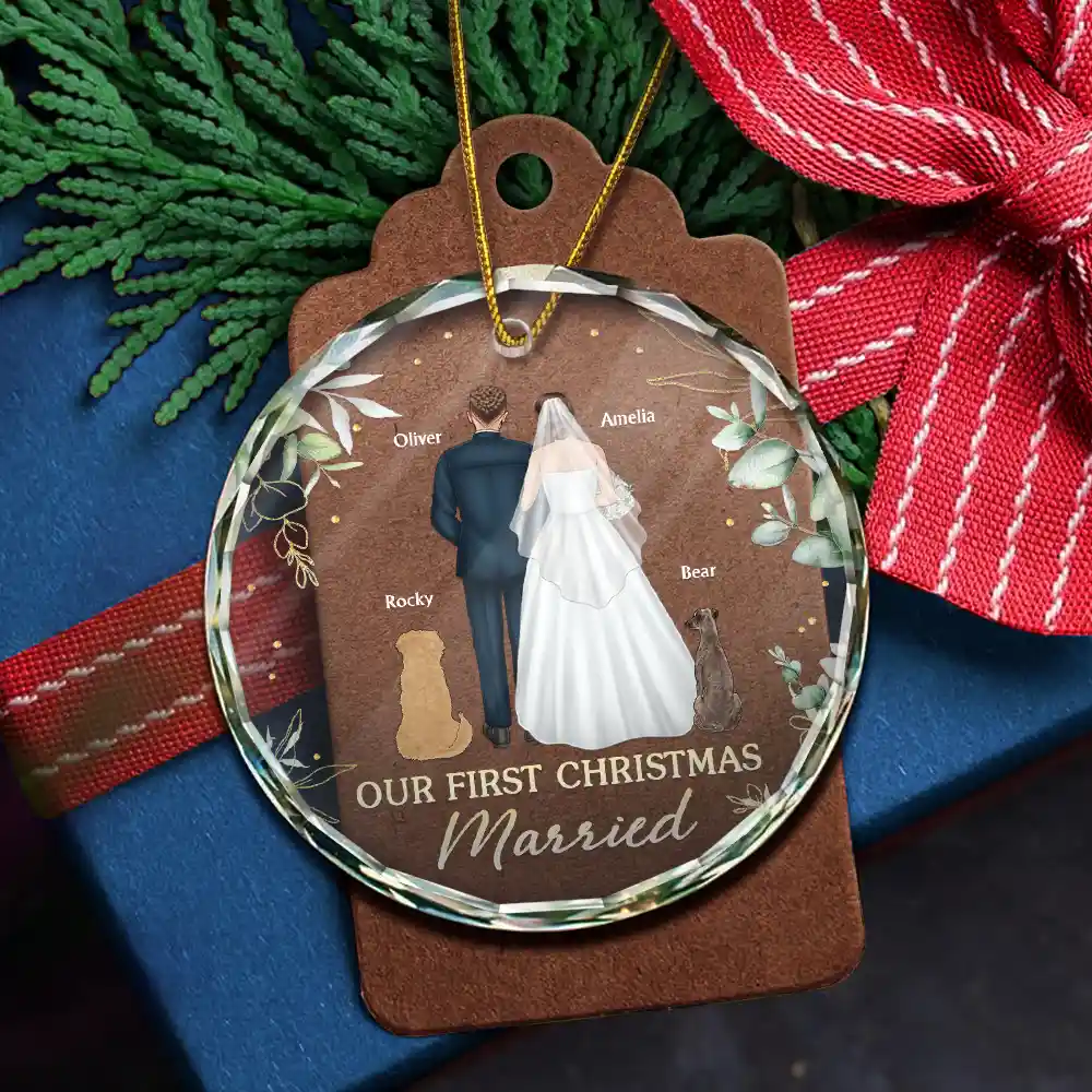 Our First Christmas As Mr & Mrs Wedding Couple Pet - Personalized Circle Glass Ornament - Image 5