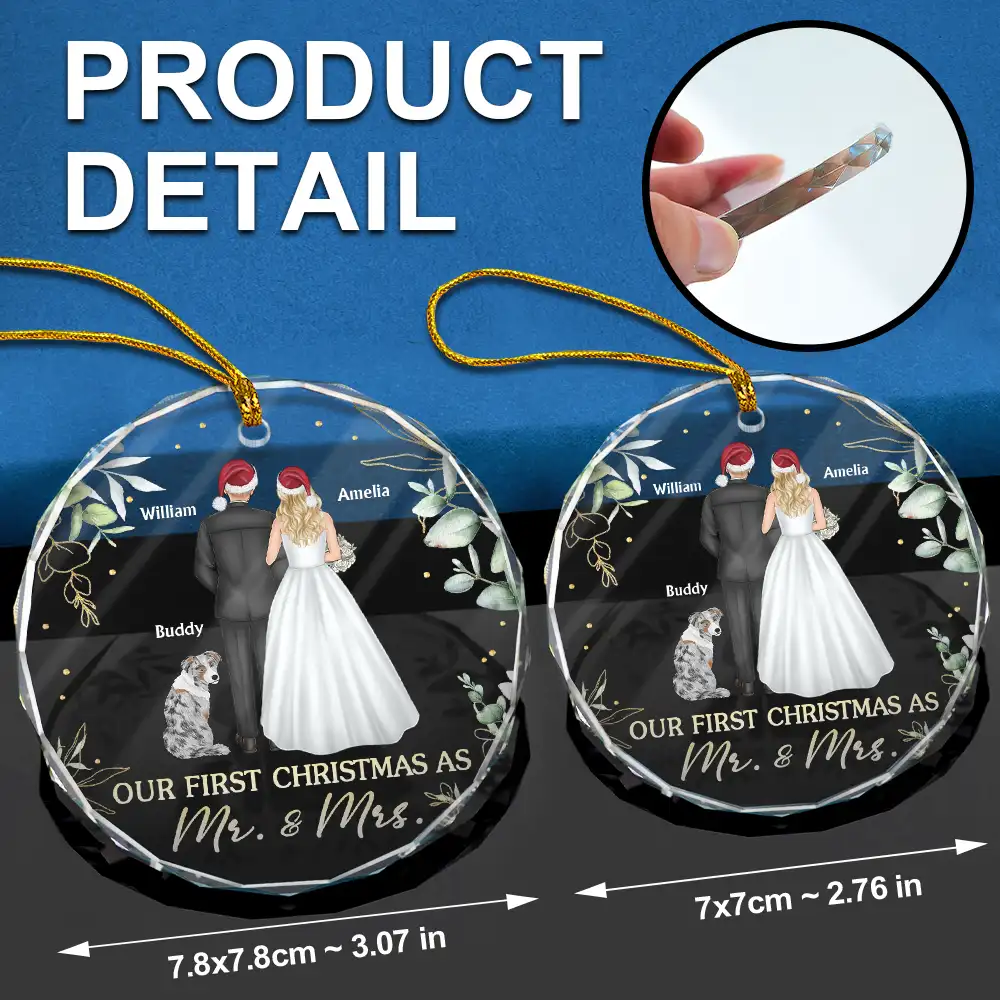 Our First Christmas As Mr & Mrs Wedding Couple Pet - Personalized Circle Glass Ornament - Image 6