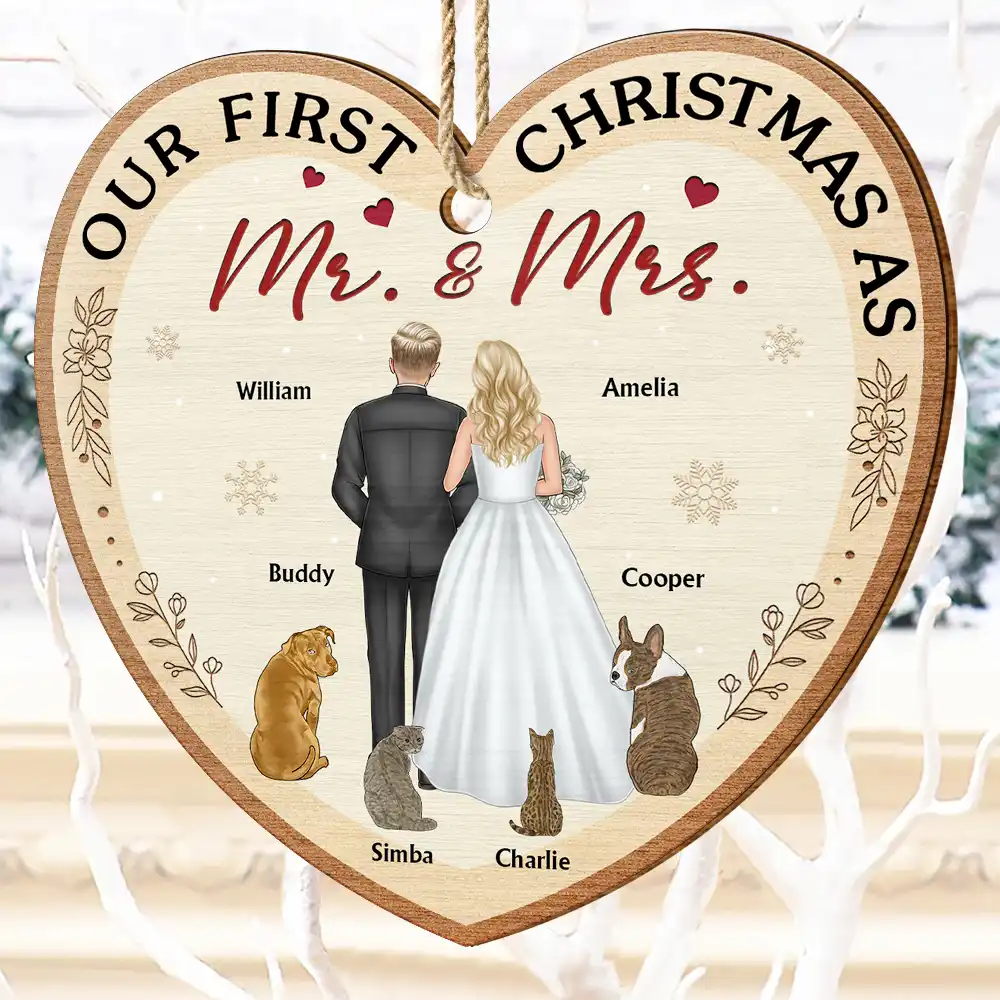 Our First Christmas As Mr & Mrs Wedding Couple Pet - Personalized Custom Shaped Wooden Ornament - Image 4