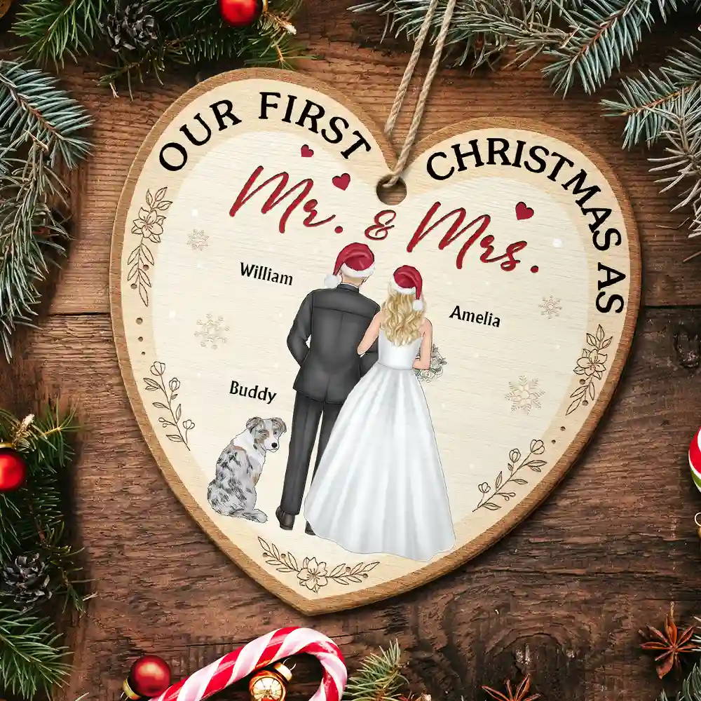 Our First Christmas As Mr & Mrs Wedding Couple Pet - Personalized Custom Shaped Wooden Ornament - Image 5