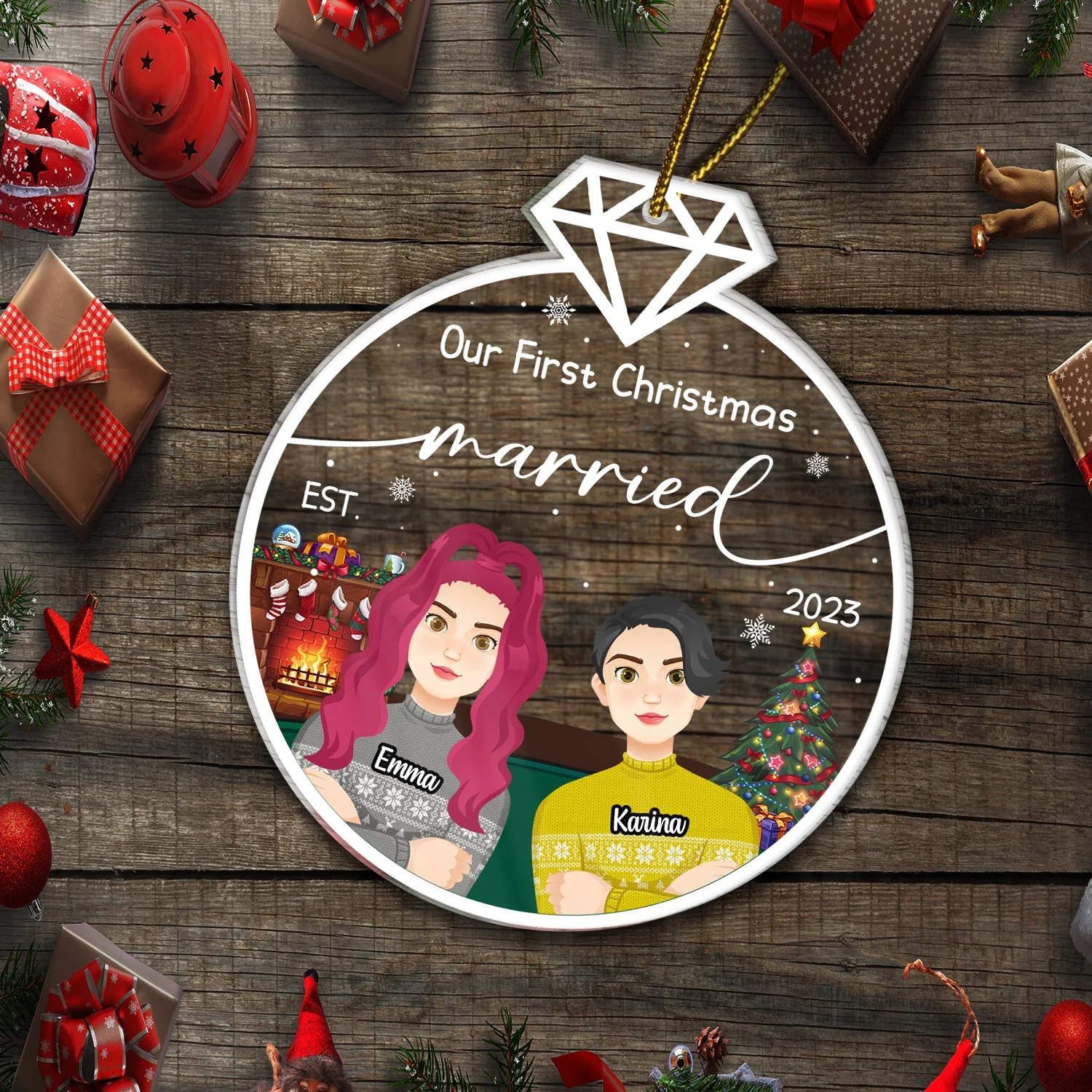 Our First Christmas Engaged Married - Gift For Couples - Personalized Custom Shaped Acrylic Ornament - Image 5