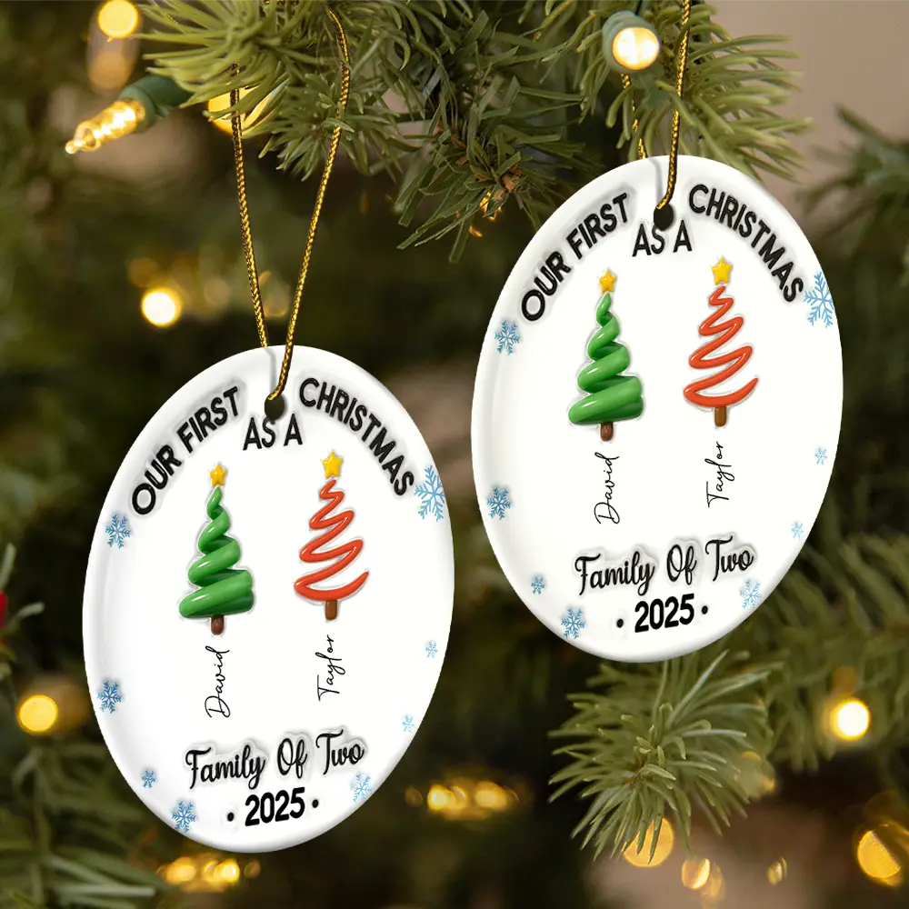 Our First Christmas Family Trees Names 3D Inflated Effect - Personalized Circle Ceramic Ornament - Image 2