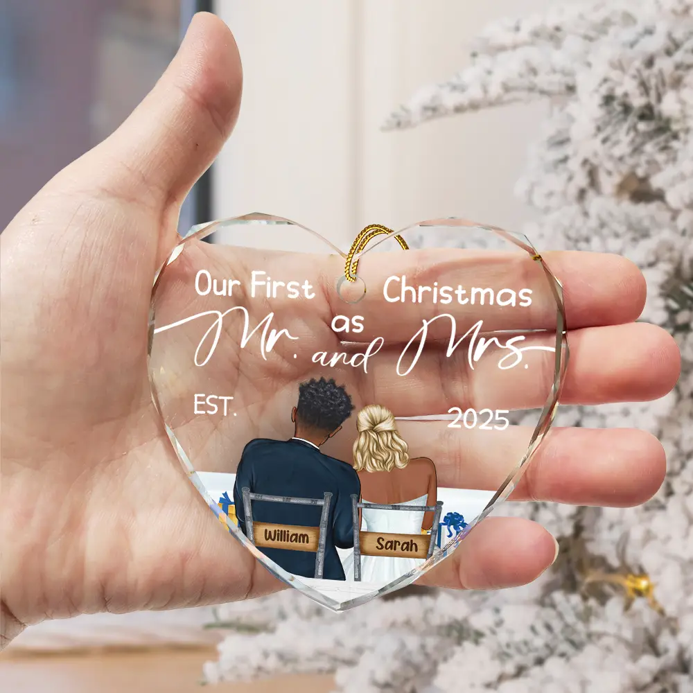 Our First Christmas Married Couples - Personalized Heart Shaped Glass Ornament - Image 3