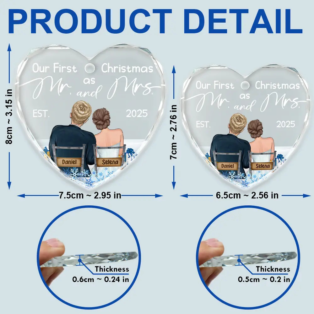 Our First Christmas Married Couples - Personalized Heart Shaped Glass Ornament - Image 5