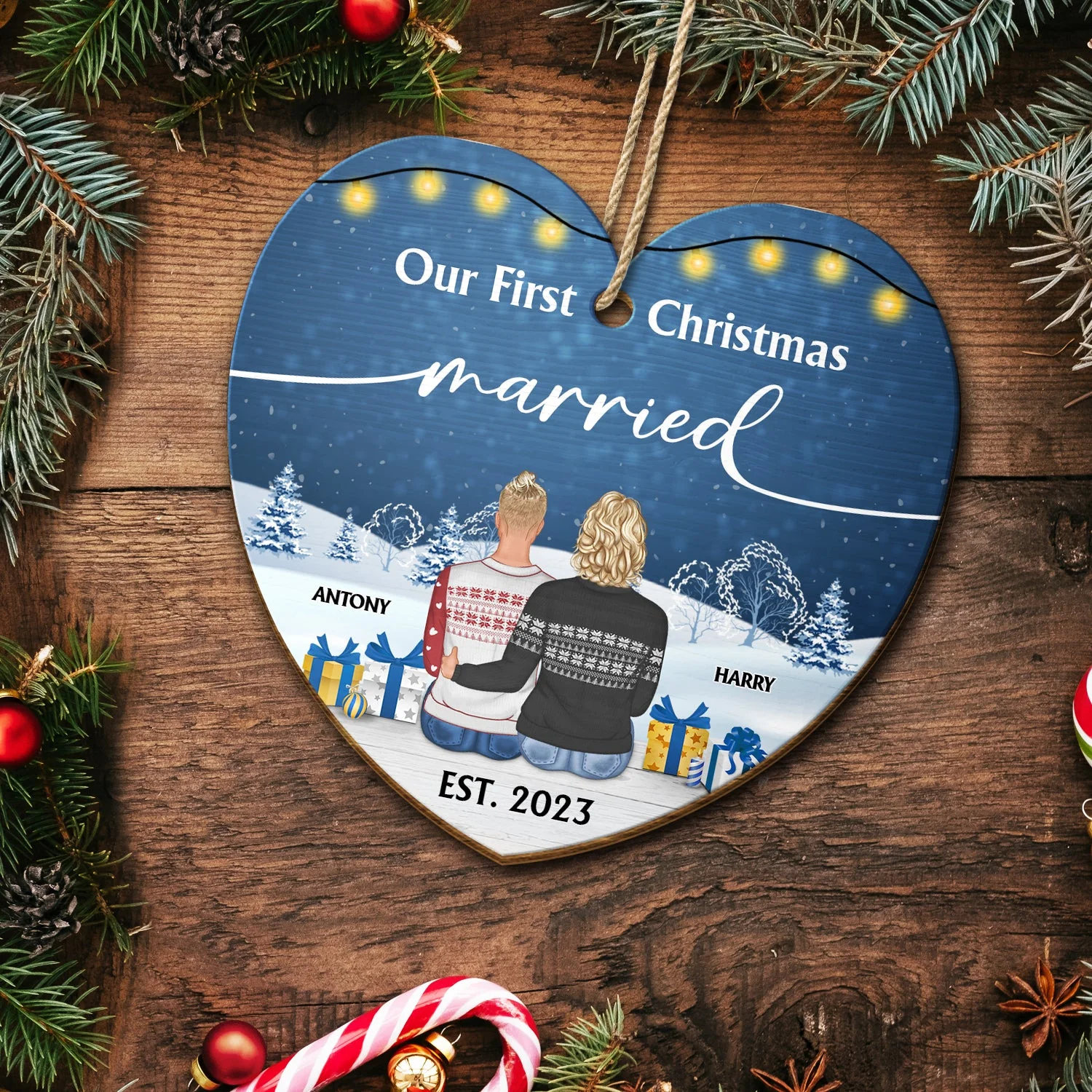 Our First Christmas Married - Gift For Couples - Personalized Custom Shaped Wooden Ornament - Image 5