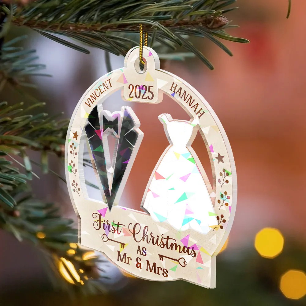 Our First Christmas Married - Personalized Holographic Acrylic Ornament - Image 3
