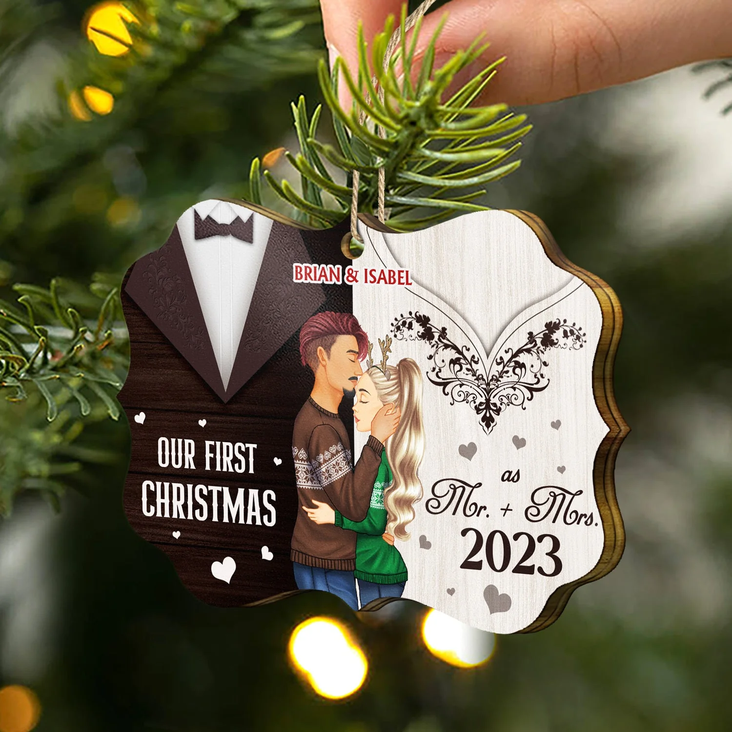 Our First Christmas Married - Xmas, Anniversary Gift For Spouse, Husband, Wife - Personalized Medallion Wooden Ornament - Image 2