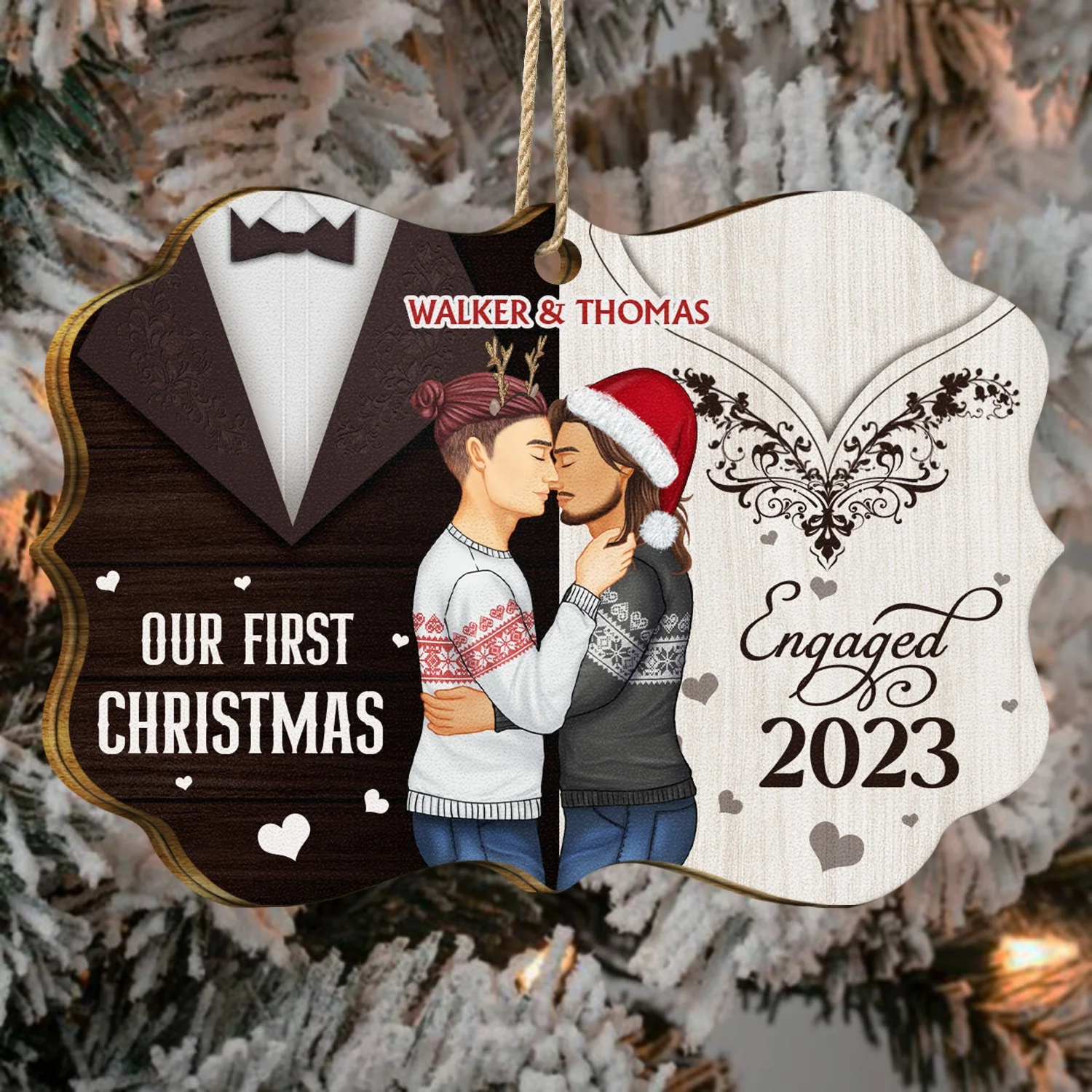 Our First Christmas Married - Xmas, Anniversary Gift For Spouse, Husband, Wife - Personalized Medallion Wooden Ornament - Image 3