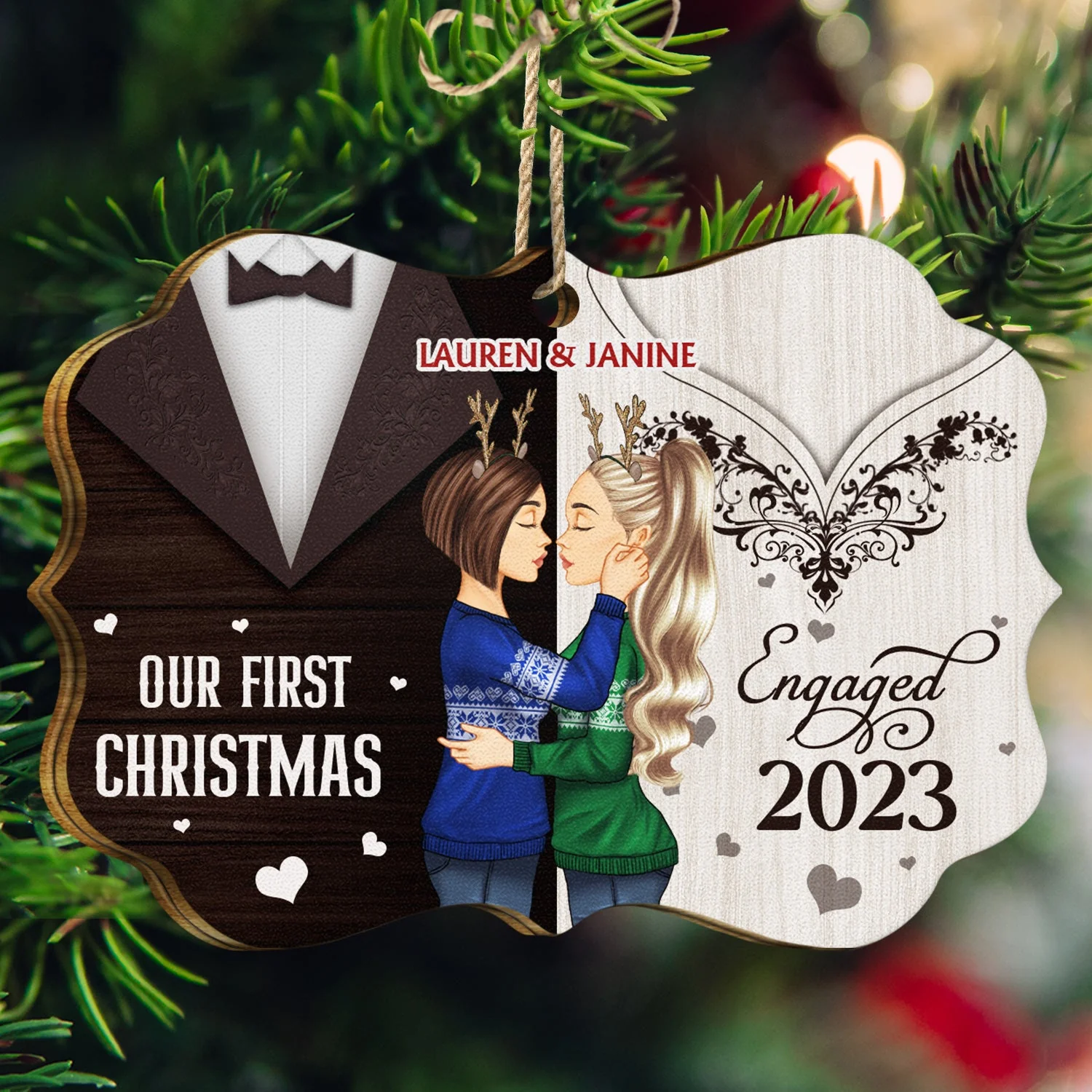 Our First Christmas Married - Xmas, Anniversary Gift For Spouse, Husband, Wife - Personalized Medallion Wooden Ornament - Image 4