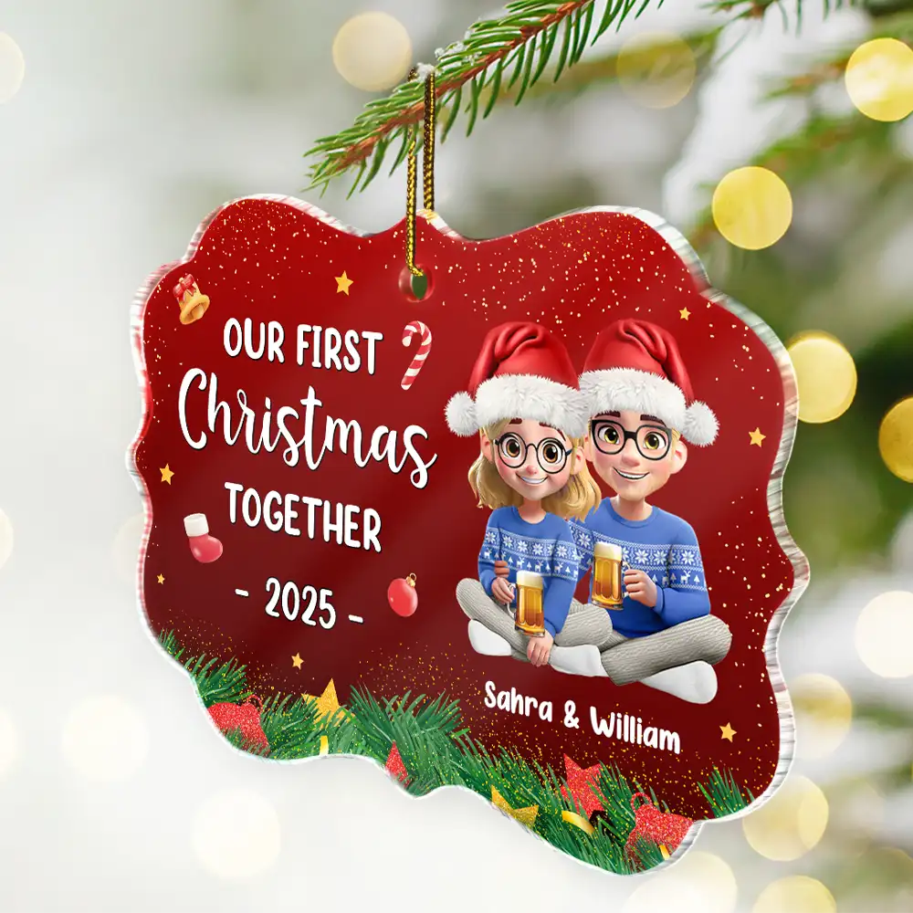 Our First Christmas Together 3D Effect Couple Sitting - Personalized Medallion Acrylic Ornament - Image 2