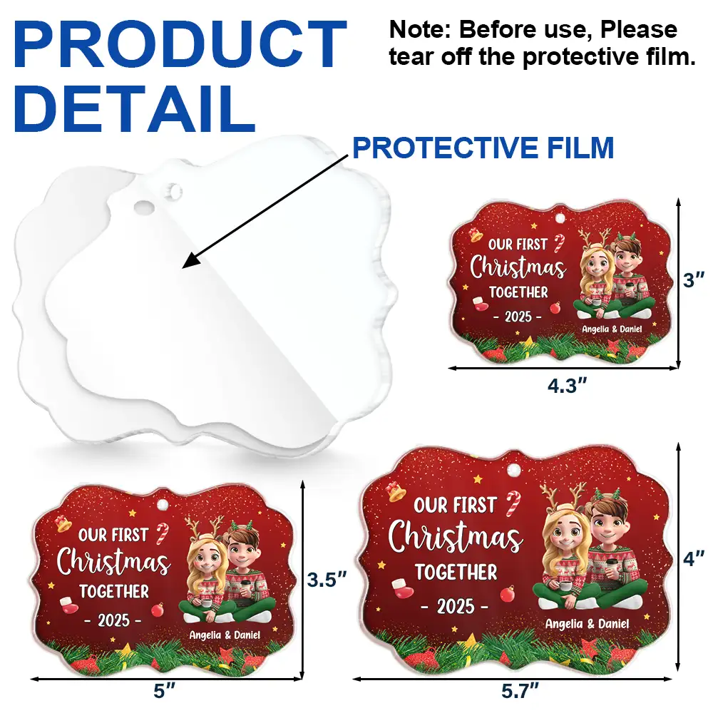 Our First Christmas Together 3D Effect Couple Sitting - Personalized Medallion Acrylic Ornament - Image 6