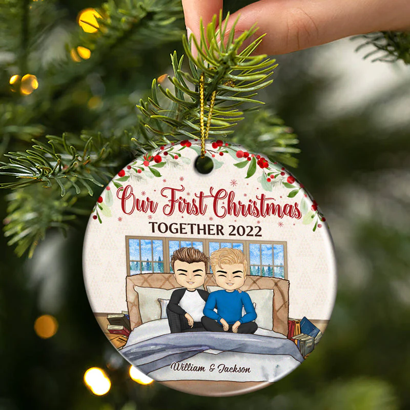Our First Christmas Together - Christmas Gift For Couple - Personalized Custom Circle Ceramic Ornament - Image 2