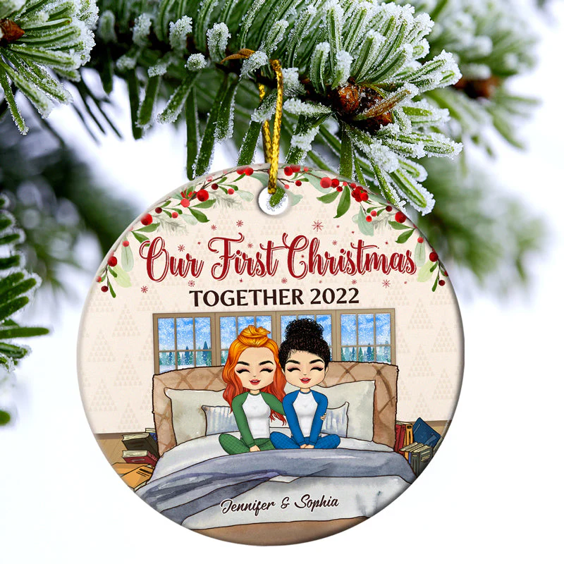 Our First Christmas Together - Christmas Gift For Couple - Personalized Custom Circle Ceramic Ornament - Image 3