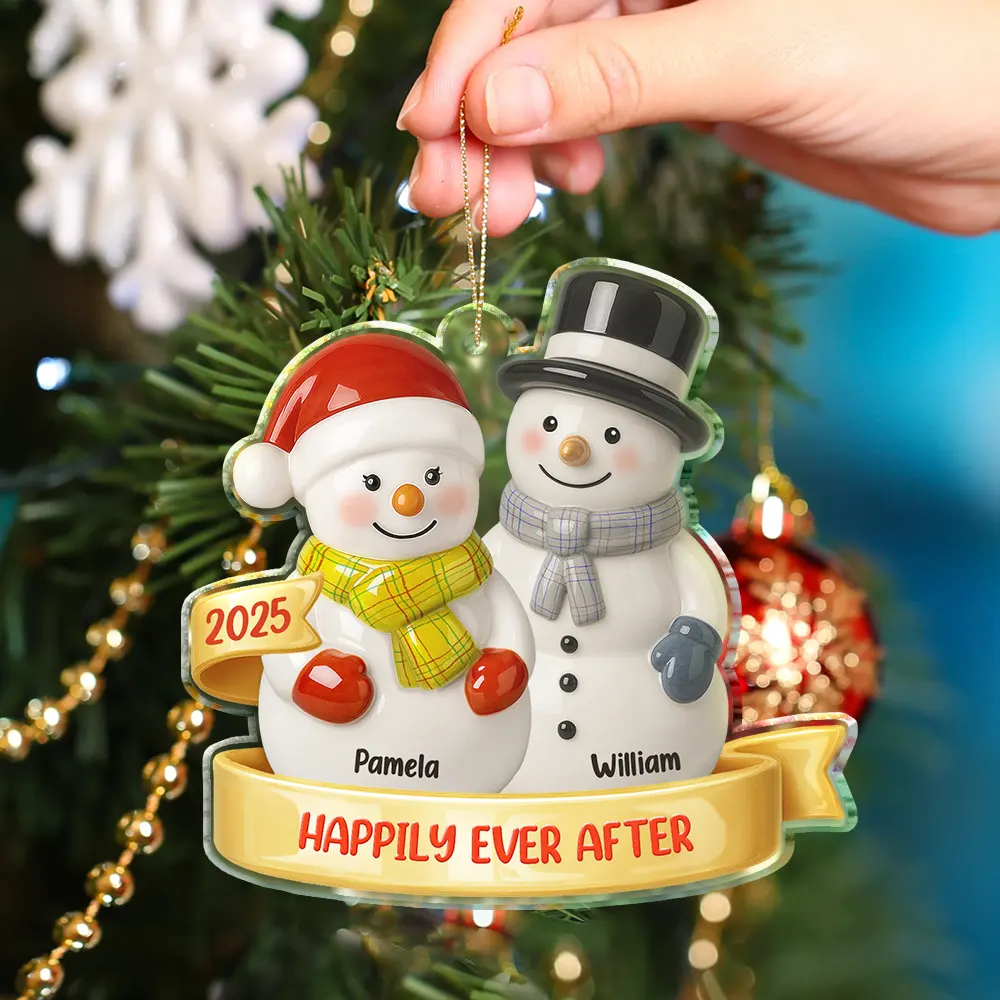 Our First Christmas Together Snowman Couple Ceramic Effect - Personalized Custom Shaped Acrylic Ornament - Image 2