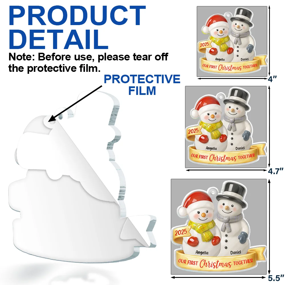 Our First Christmas Together Snowman Couple Ceramic Effect - Personalized Custom Shaped Acrylic Ornament - Image 6