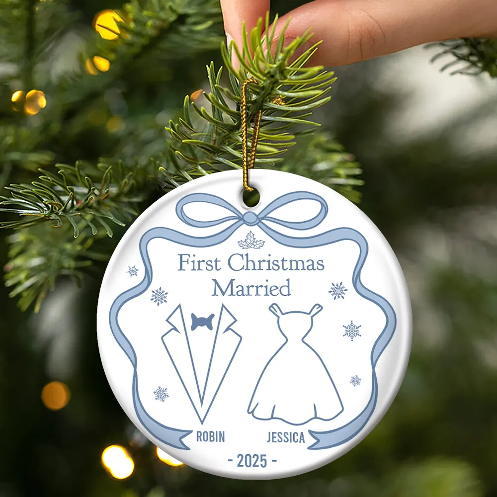 Our First Christmas Toile De Jouy - Personalized Circle Ceramic Ornament - Image 3