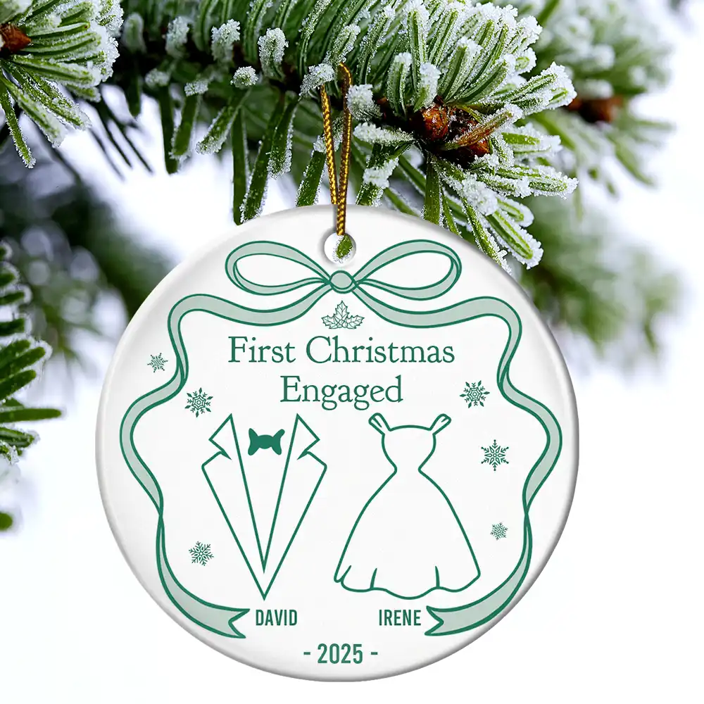 Our First Christmas Toile De Jouy - Personalized Circle Ceramic Ornament - Image 4