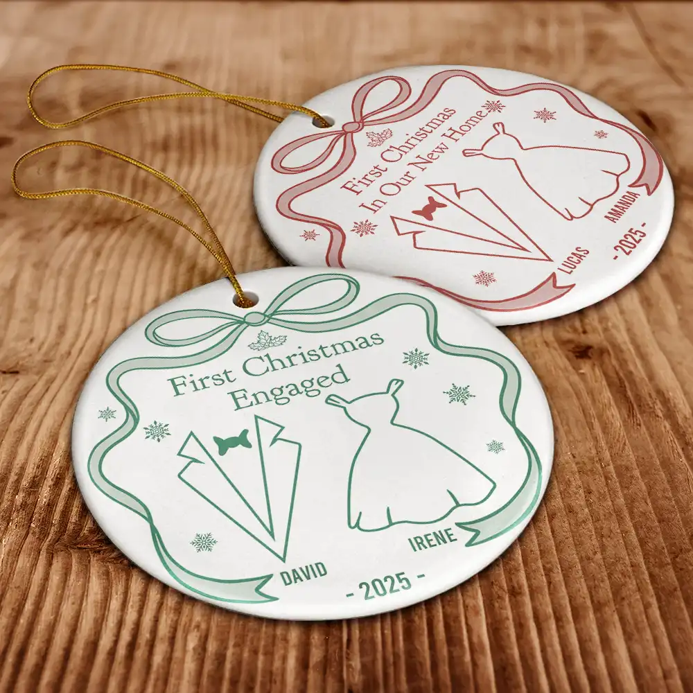 Our First Christmas Toile De Jouy - Personalized Circle Ceramic Ornament - Image 6