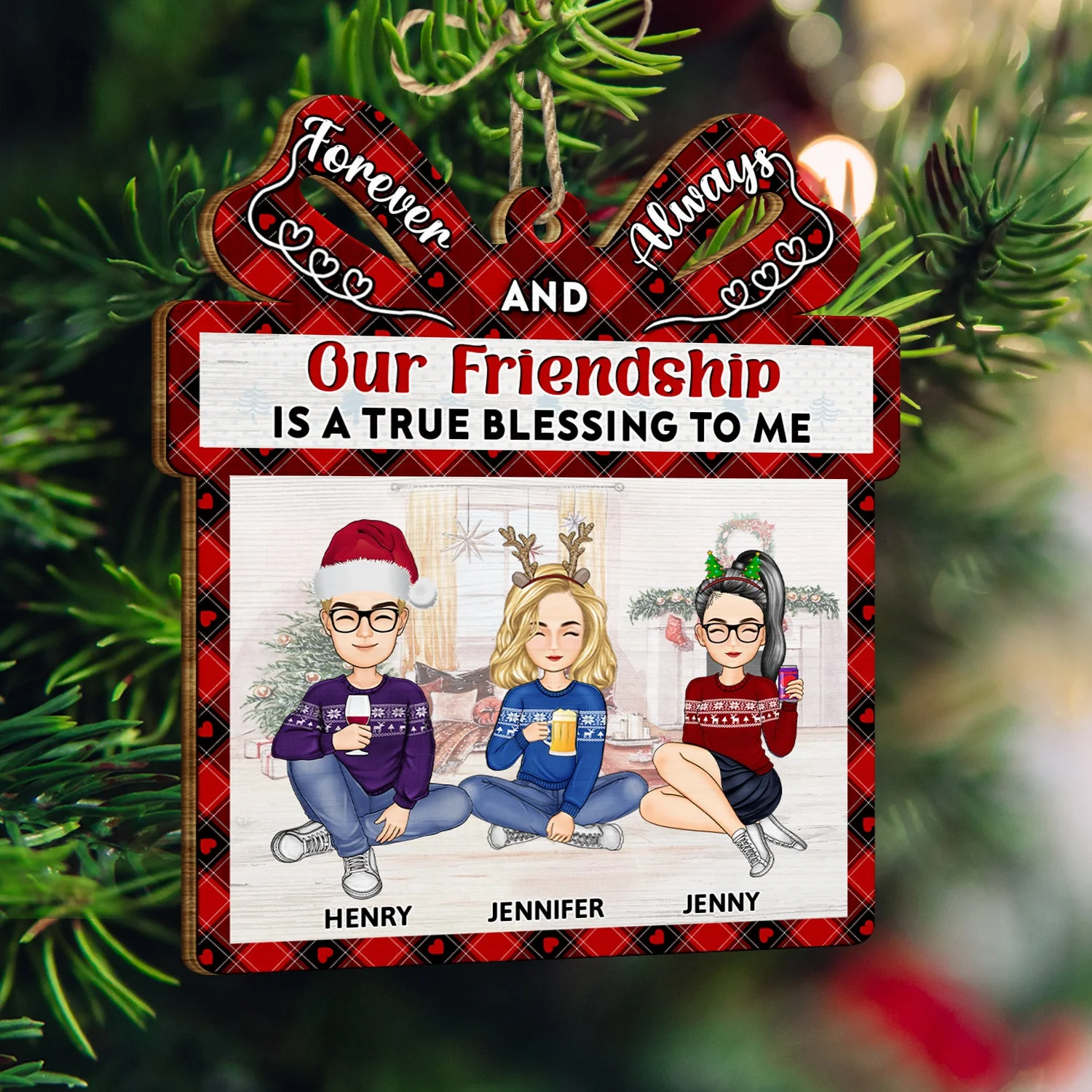 Our Friendship Is A True Blessing Cartoon - Christmas Gifts For Besties, Best Friends - Personalized Custom Shaped Wooden Ornament - Image 3