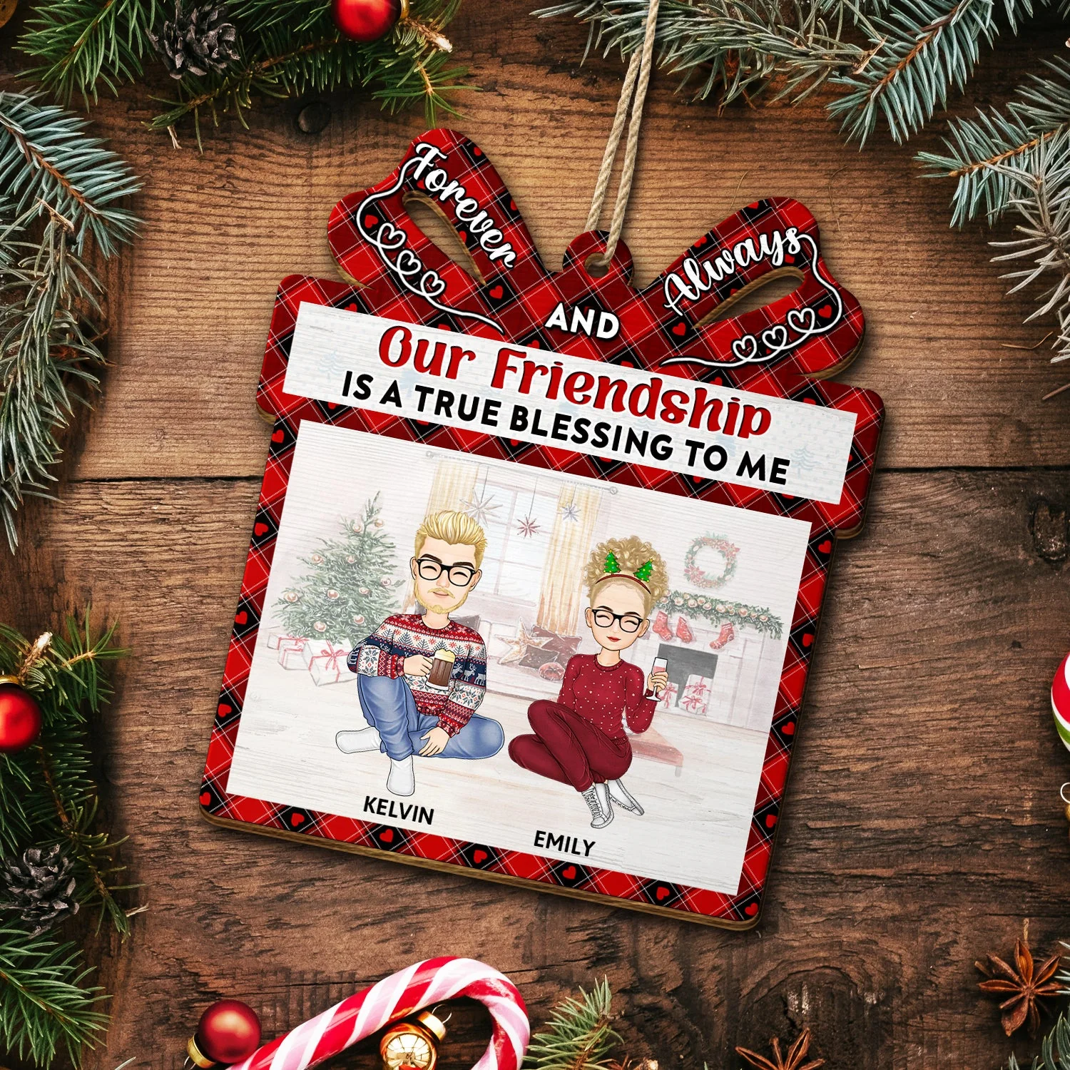 Our Friendship Is A True Blessing Cartoon - Christmas Gifts For Besties, Best Friends - Personalized Custom Shaped Wooden Ornament - Image 5