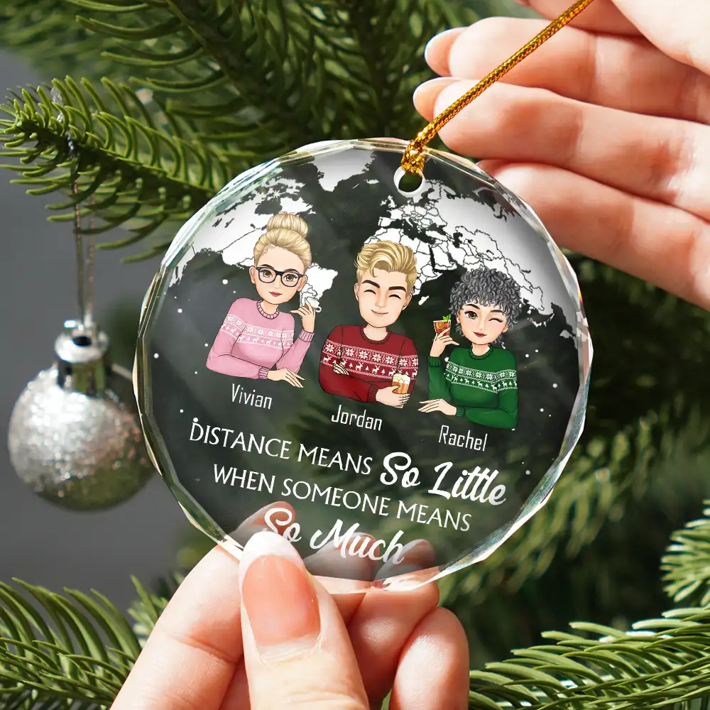 Our Friendship Knows No Distance Cartoon Bestie - Personalized Circle Glass Ornament - Image 2