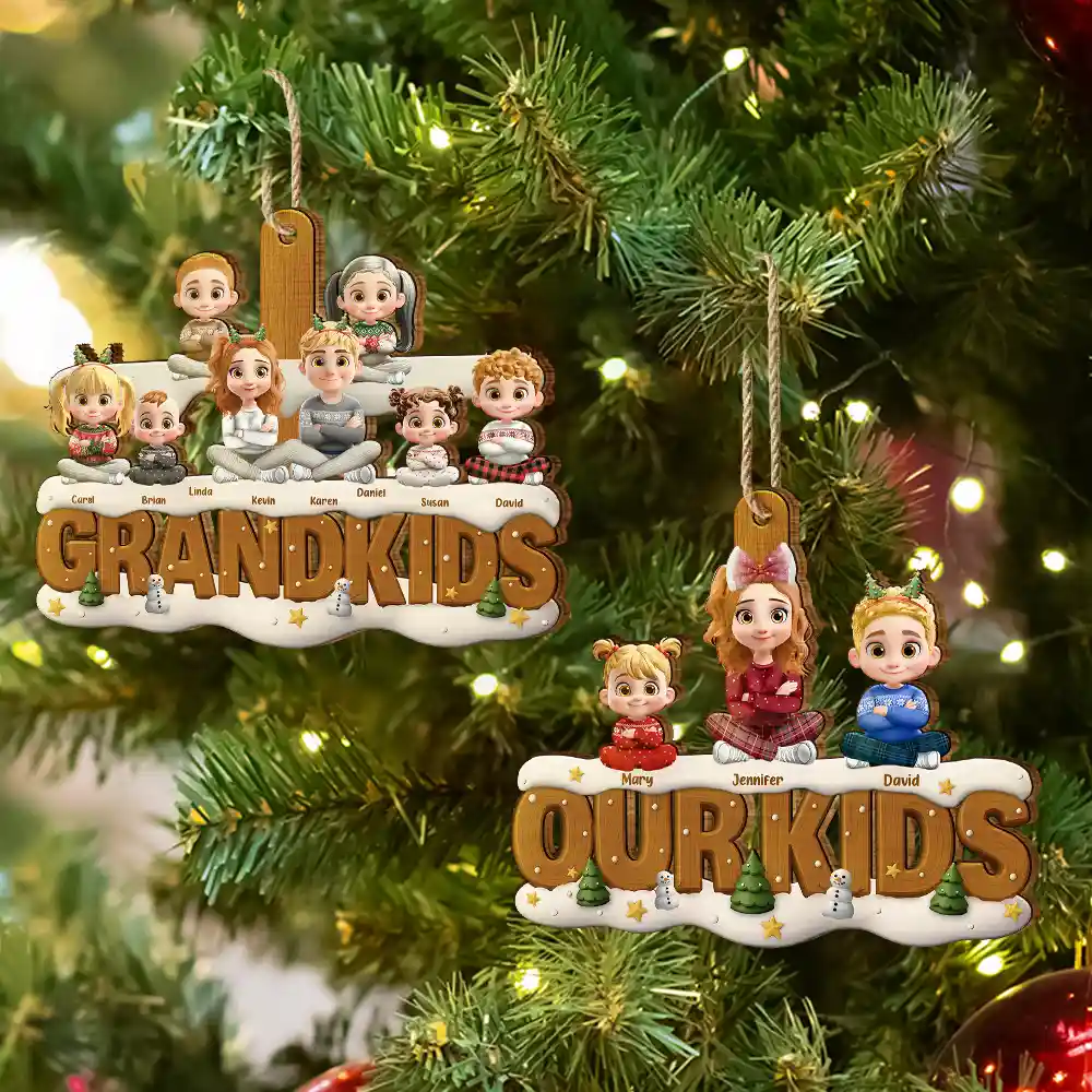 Our Kids Grandkids Christmas - Personalized Custom Shaped Wooden Ornament - Image 7