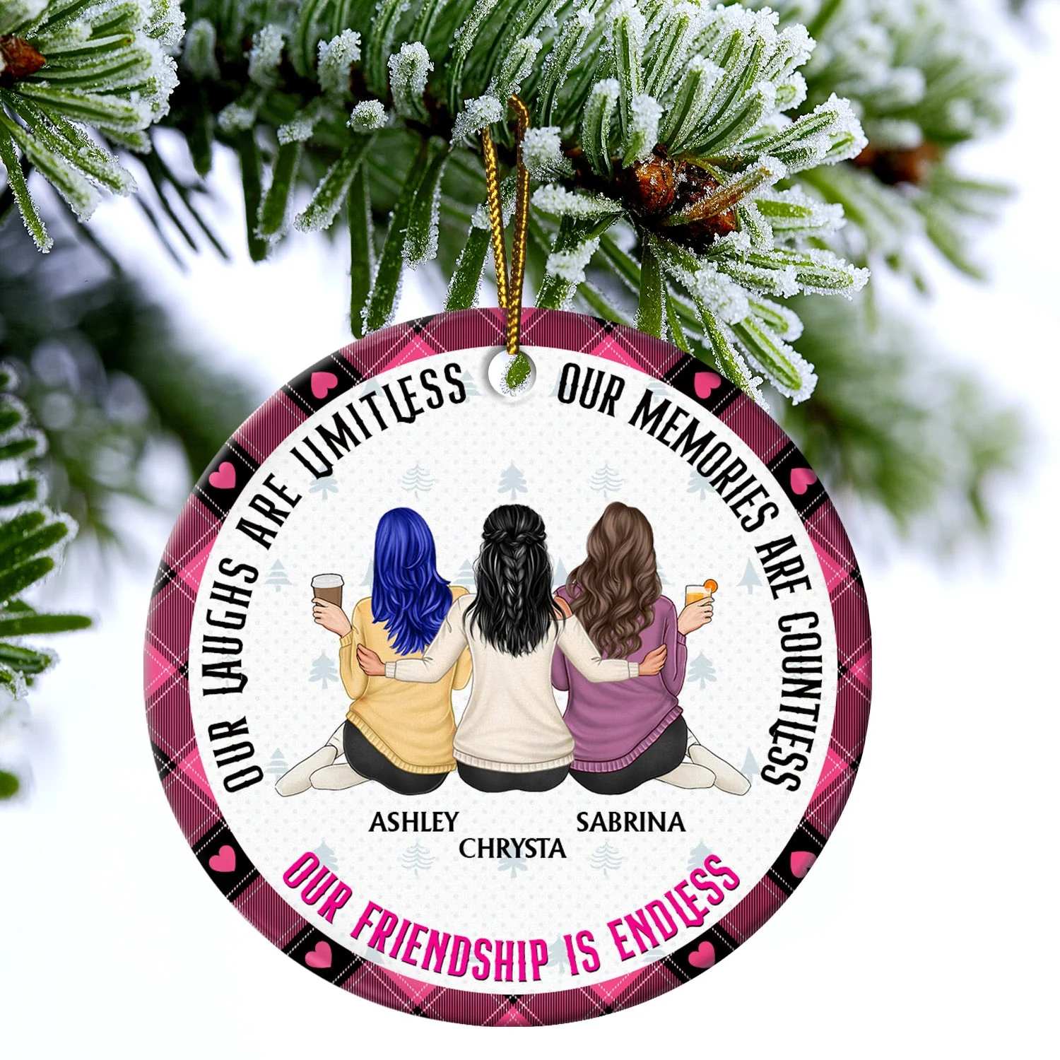 Our Memories Are Countless, Our Friendship Is Endless Pink - Christmas Gifts For Besties, Soul Sisters - Personalized Circle Ceramic Ornament - Image 4