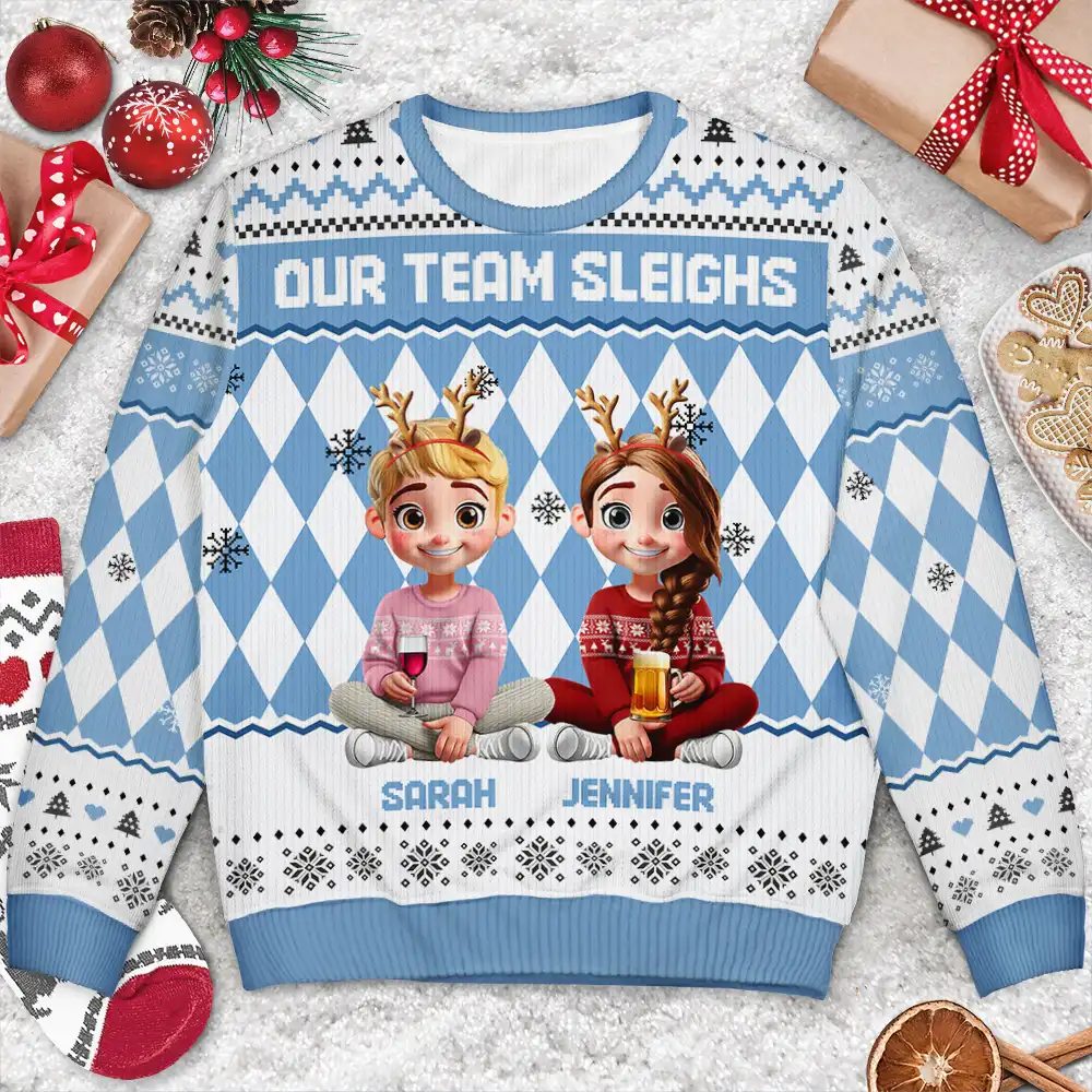 Our Team Sleighs Custom Team Name, Work Party Sweater - Personalized Unisex Ugly Sweater - Image 3