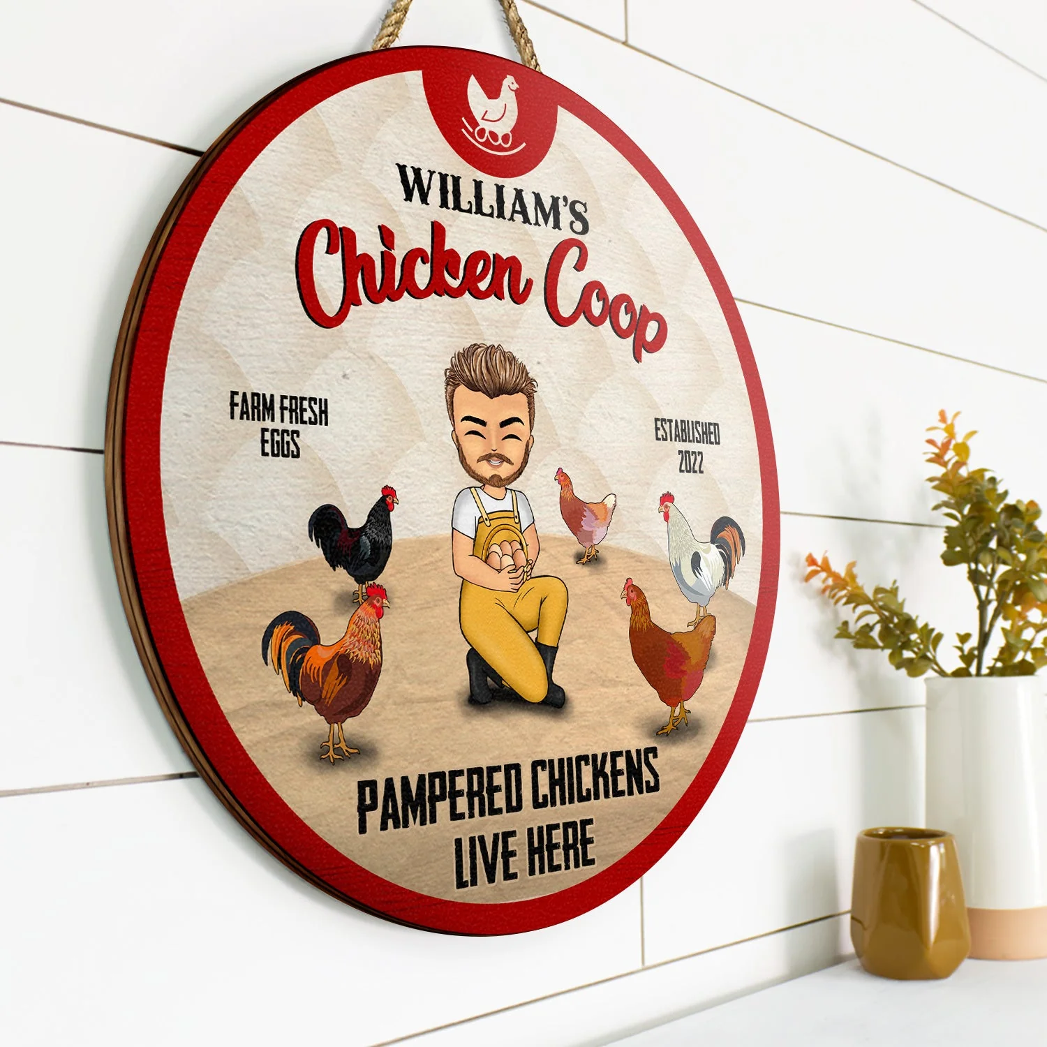 Pampered Chickens Live Here - Chicken Coop Decoration - Personalized Custom Wood Circle Sign - Image 2