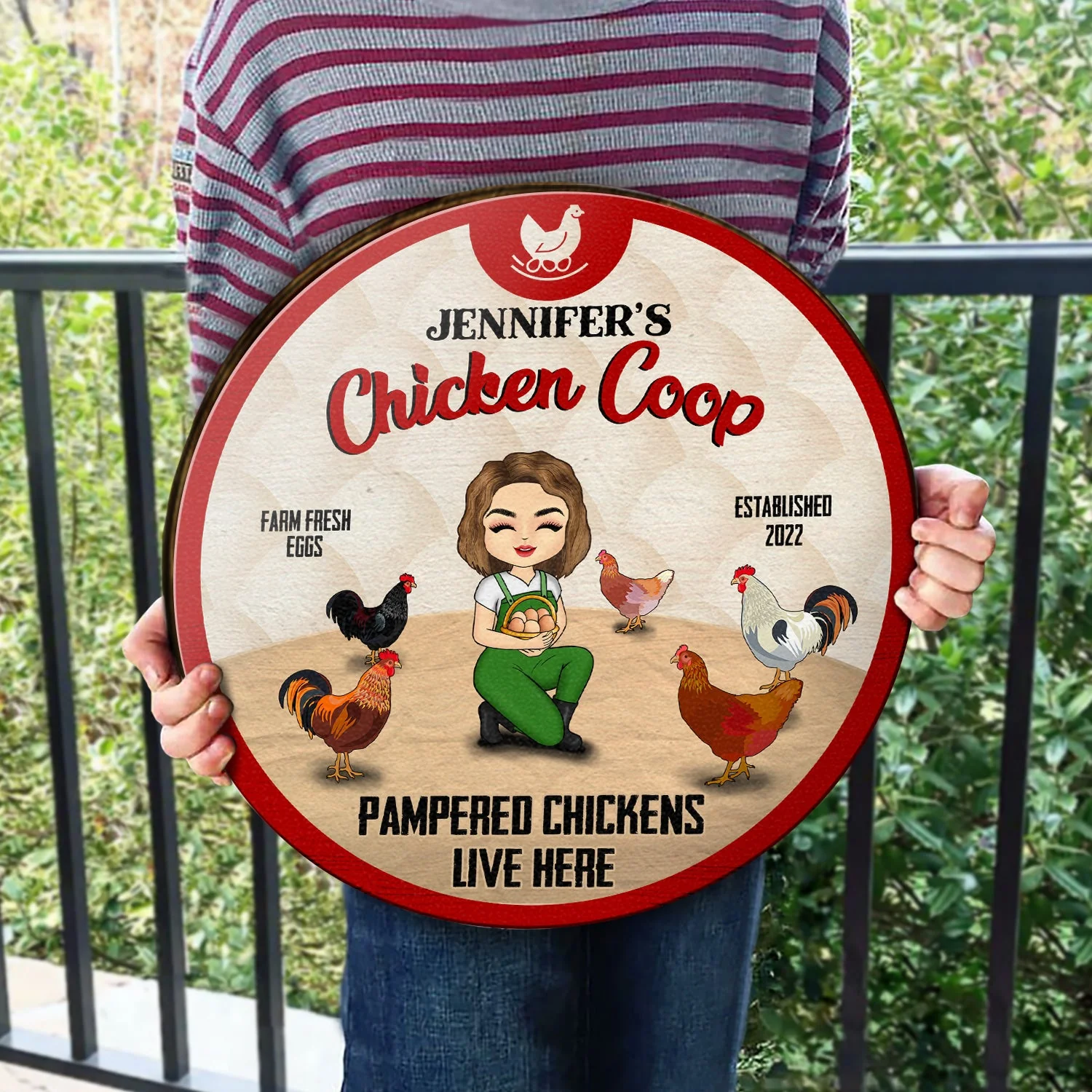 Pampered Chickens Live Here - Chicken Coop Decoration - Personalized Custom Wood Circle Sign - Image 3