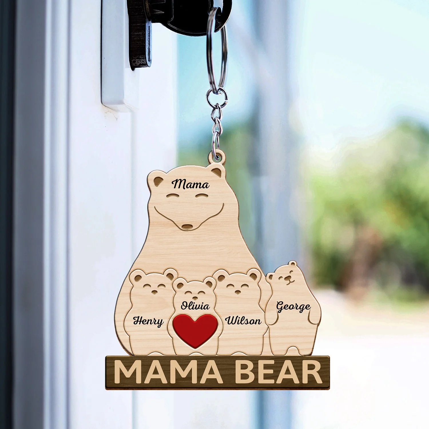 Papa Bear Mama Bear - Gift For Parents, Father, Mother, Grandpa - Personalized Wooden Keychain - Image 3